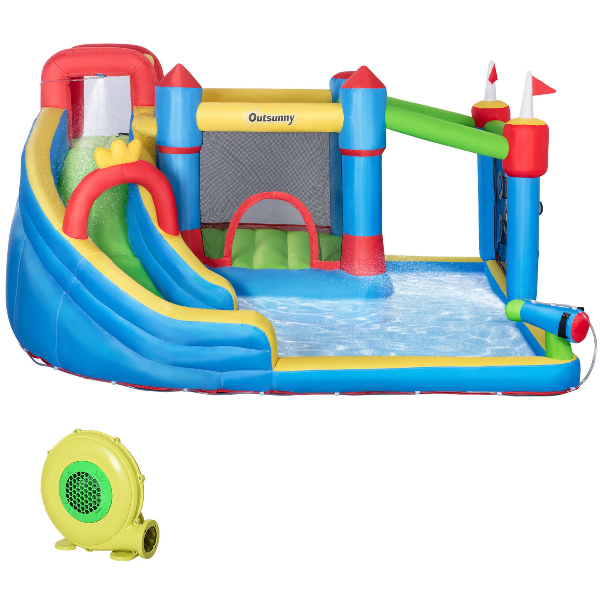 6-in-1 Inflatable Water Slide with Splash Pool, Slide, Climbing Wall, Water Cannon, Inflatable Bounce House for Kids with 2 Min. Inflation and Air Blower