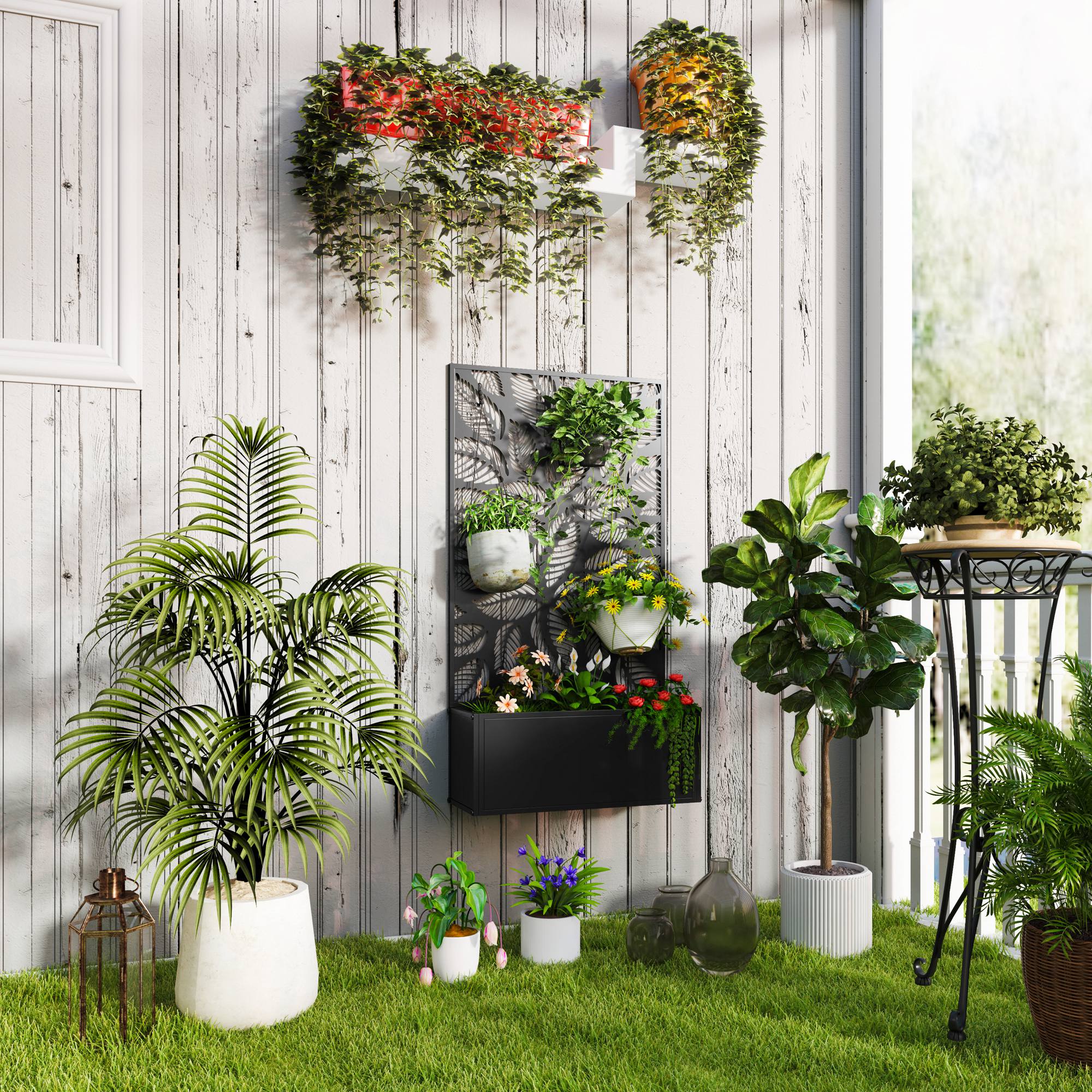 Metal Garden Bed with Trellis for Climbing Plants, Freestanding or Wall Mounted Flower Bed for Garden, Patio, Balcony