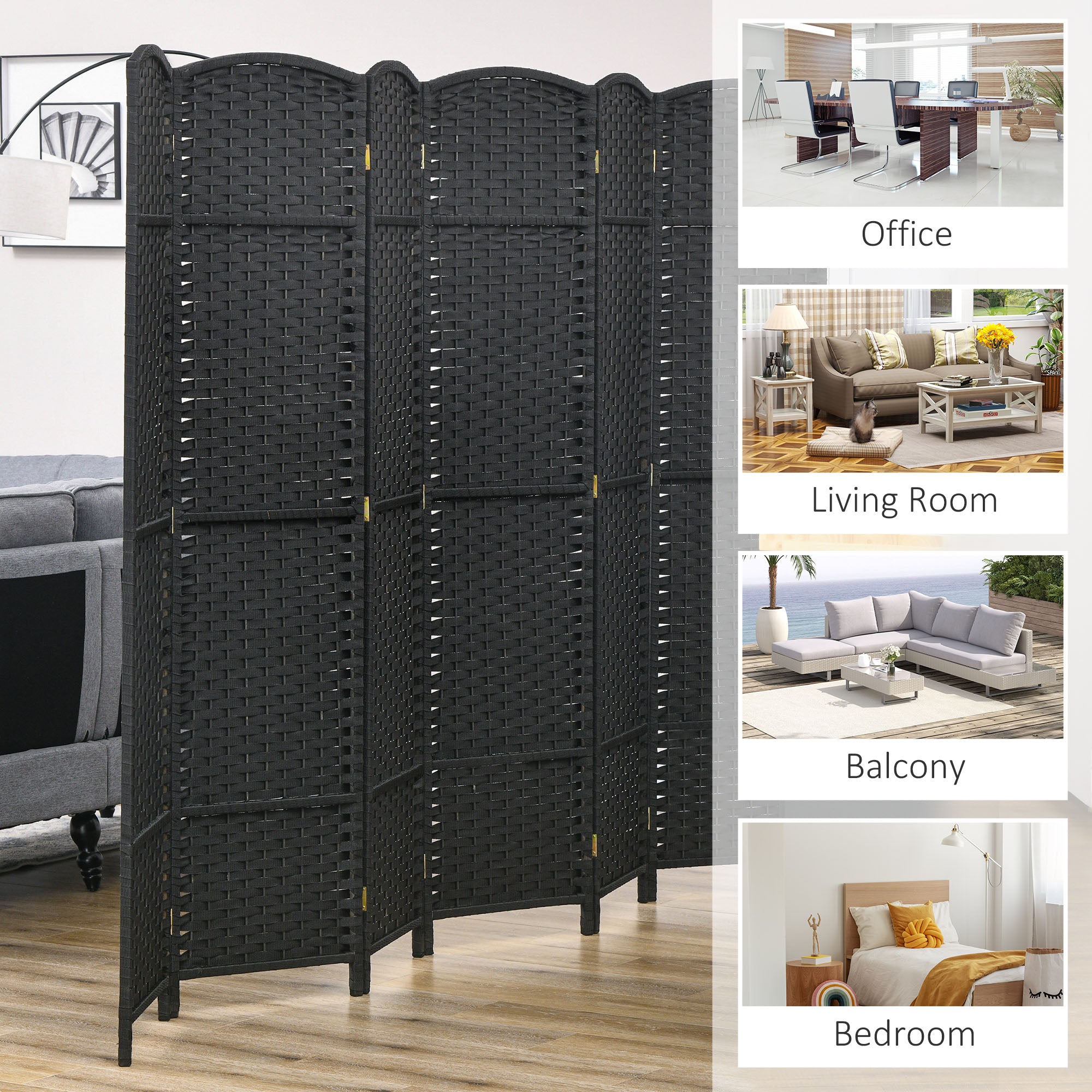 Folding Room Divider Screen 6 Panel 5.6 ' Tall Privacy Screen Freestanding Room Partition for Home Office, Black