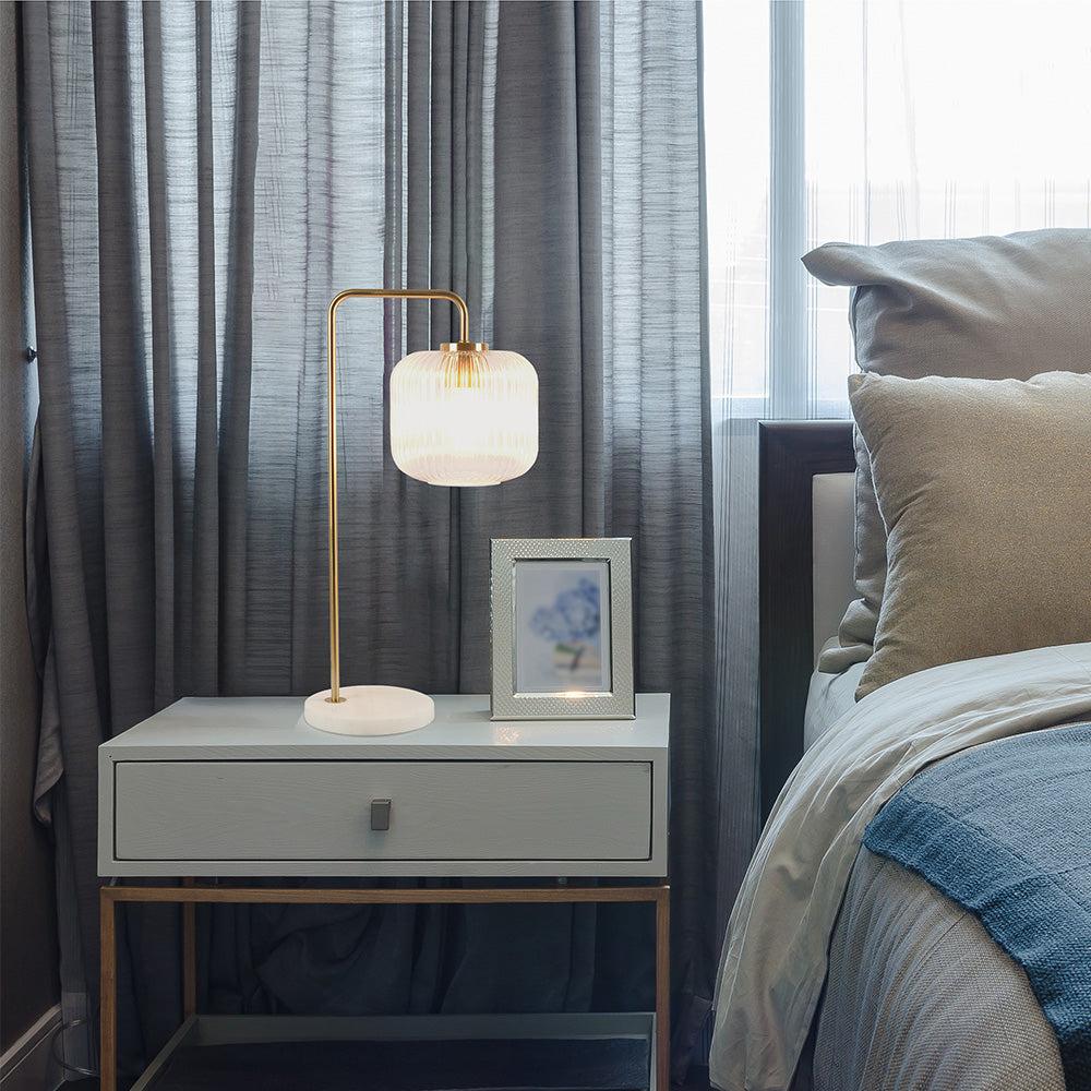 Haven Clear Glass Table Lamp with Gold Brush Metal and Marble Base, Button Control, 11.5" L x 8" W x 23" H, Gold+White