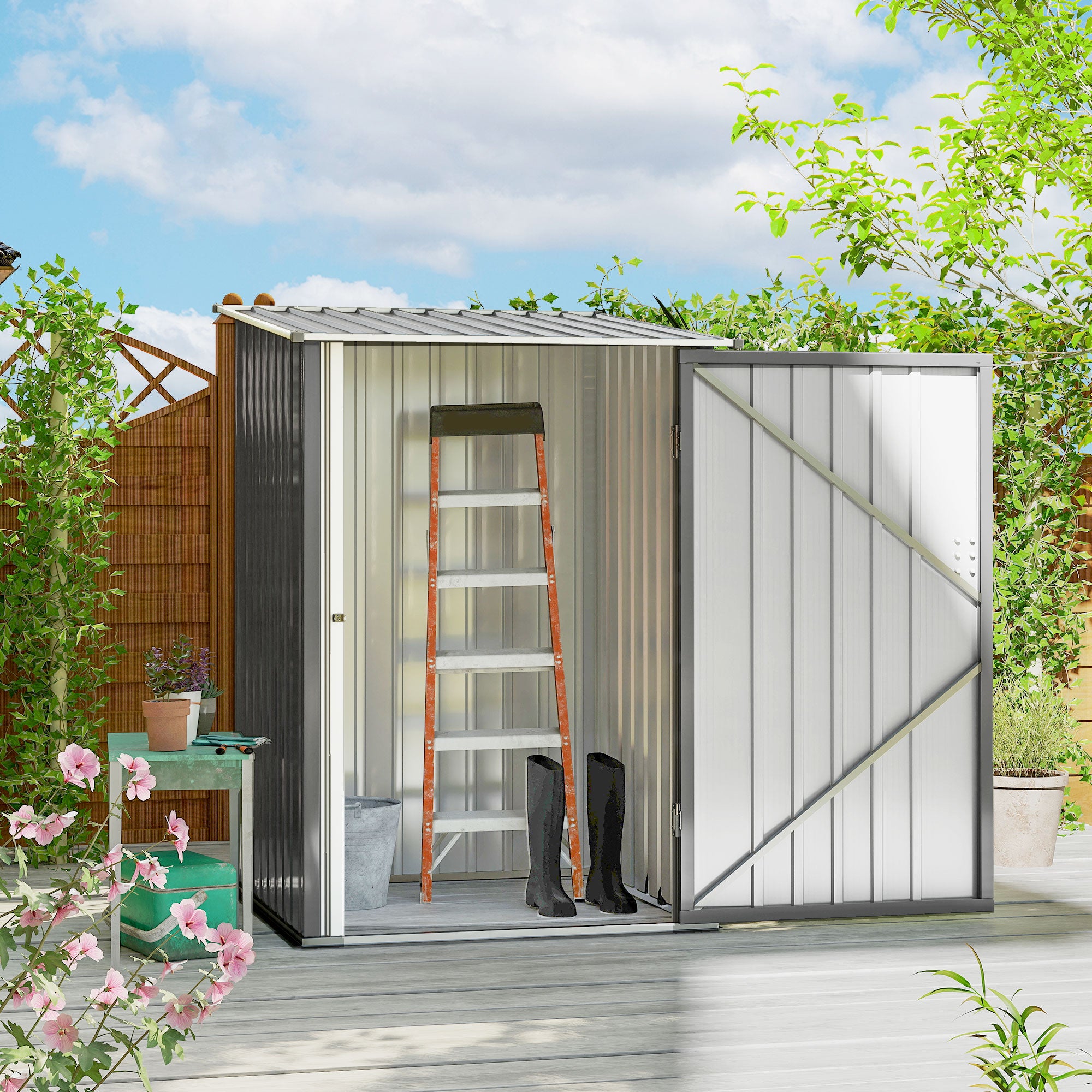 Outdoor 3.3' x 3.4' Lean-to Garden Storage Shed, Galvanized Steel Tool House with Lockable Door for Patio, Gray