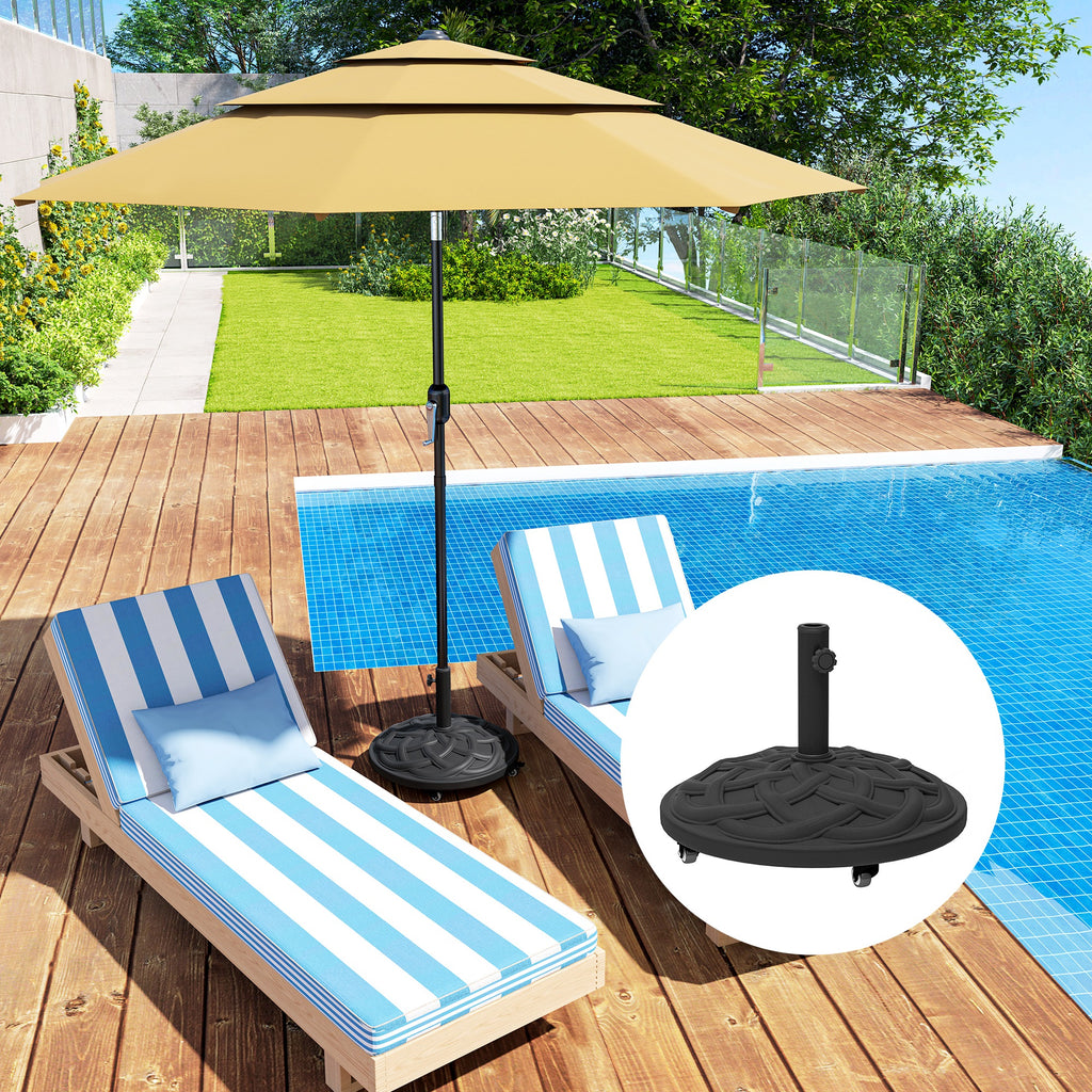 Round Patio Umbrella Base with Wheels, 44 lbs Resin Umbrella Stand Base, Heavy Duty Patio Umbrella Holder for 1.3"/1.5"/1.9" Umbrella Poles for Outdoor, Lawn, Poolside, Black
