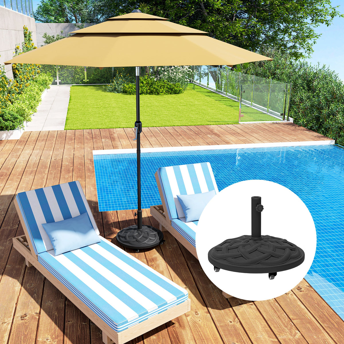 Round Patio Umbrella Base with Wheels, 44 lbs Resin Umbrella Stand Base, Heavy Duty Patio Umbrella Holder for 1.3"/1.5"/1.9" Umbrella Poles for Outdoor, Lawn, Poolside, Black