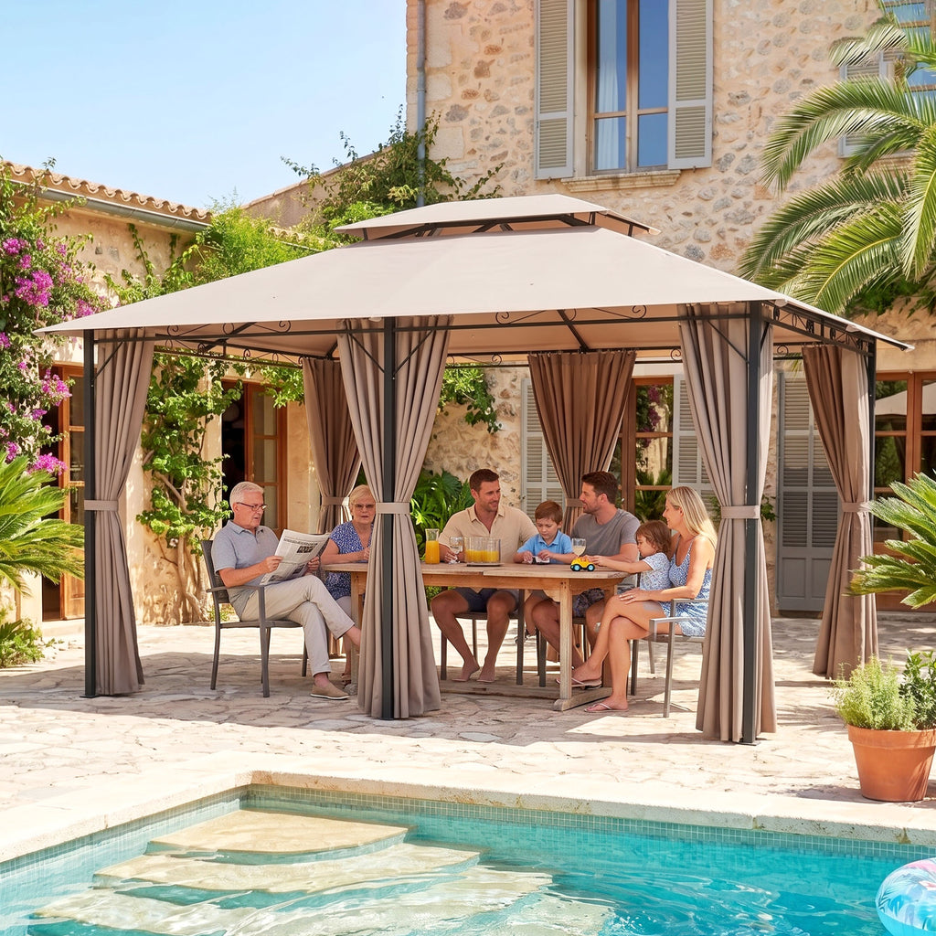 10' x 13' Patio Gazebo, Outdoor Gazebo Canopy Shelter with Curtains, Vented Roof, Steel Frame for Garden, Lawn, Backyard and Deck, Khaki