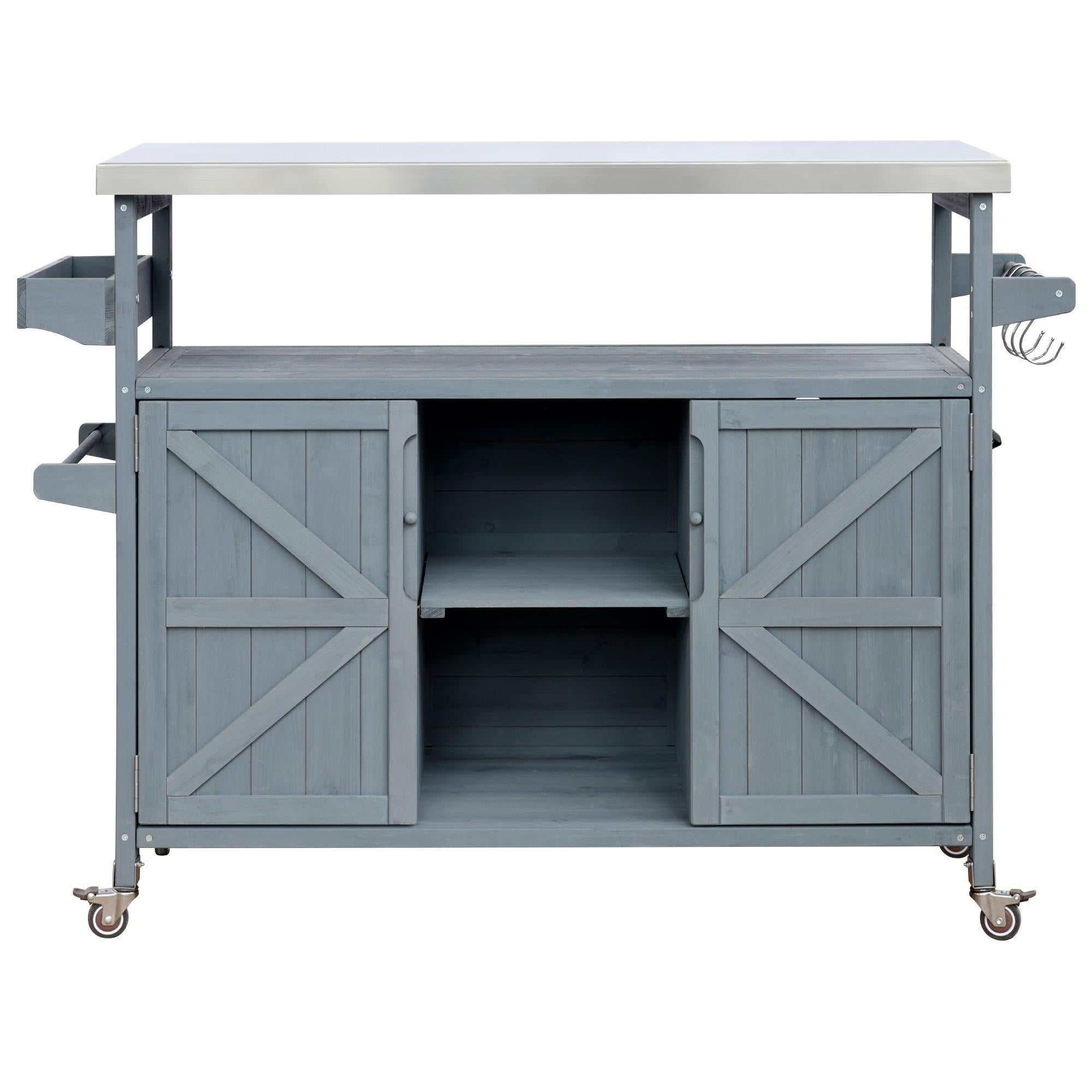 Outdoor Kitchen Island with Spice and Towel Rack, Lockable Wheels, Rolling Bar Cart with Stainless Steel Top, 50" L x 18.5" W x 36.5" H, Slate Blue