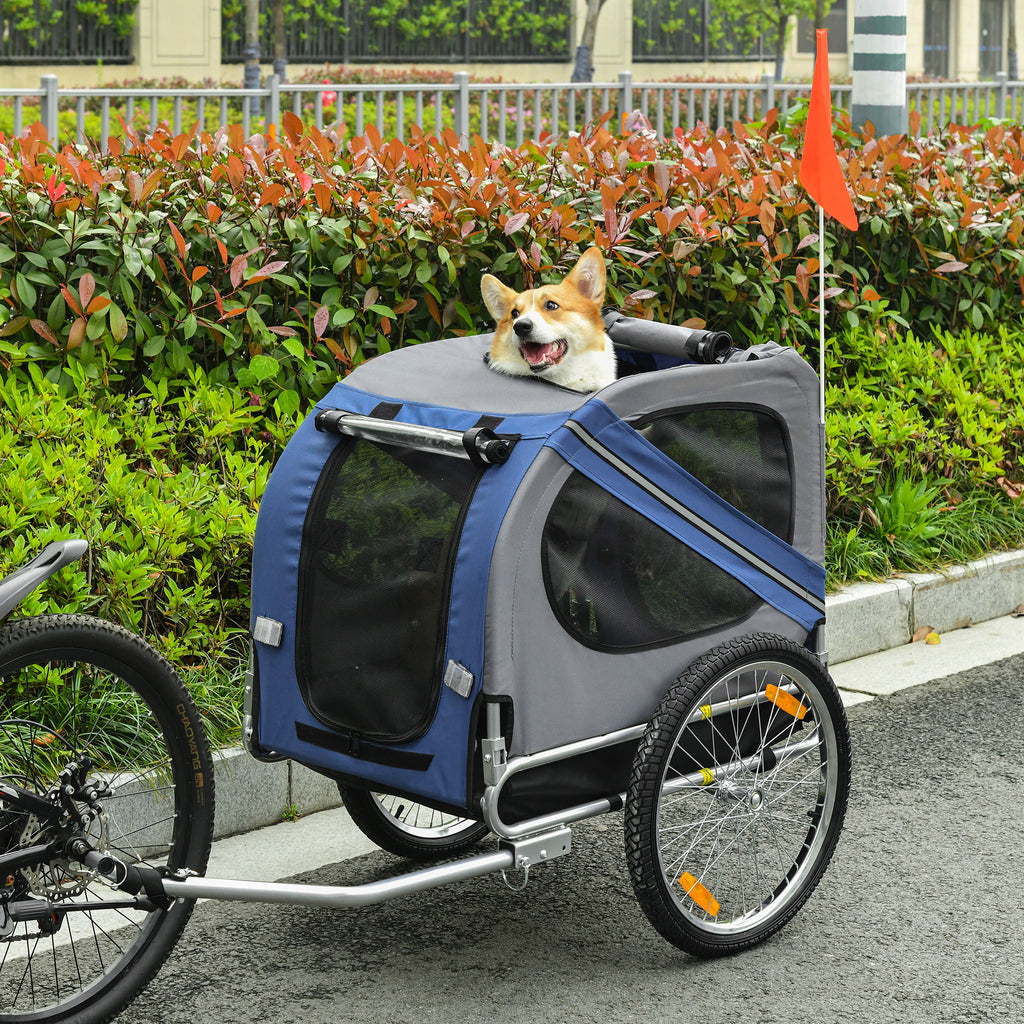 Bike Trailer Cargo Cart for Dogs and Pets with 3 Entrances Large Wheels for Off-Road & Mesh Screen, Blue/Gray