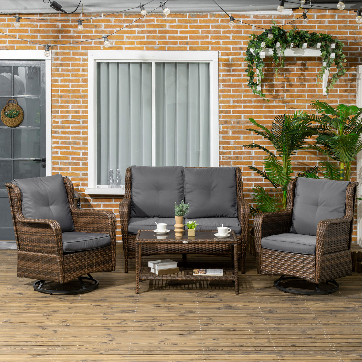 4 Piece PE Rattan Outdoor Patio Furniture Set, Wicker Conversation Set with 2 Swivel Glider Chairs, 2-Tier Glass Table and Loveseat for Garden, Patio, Poolside, Gray