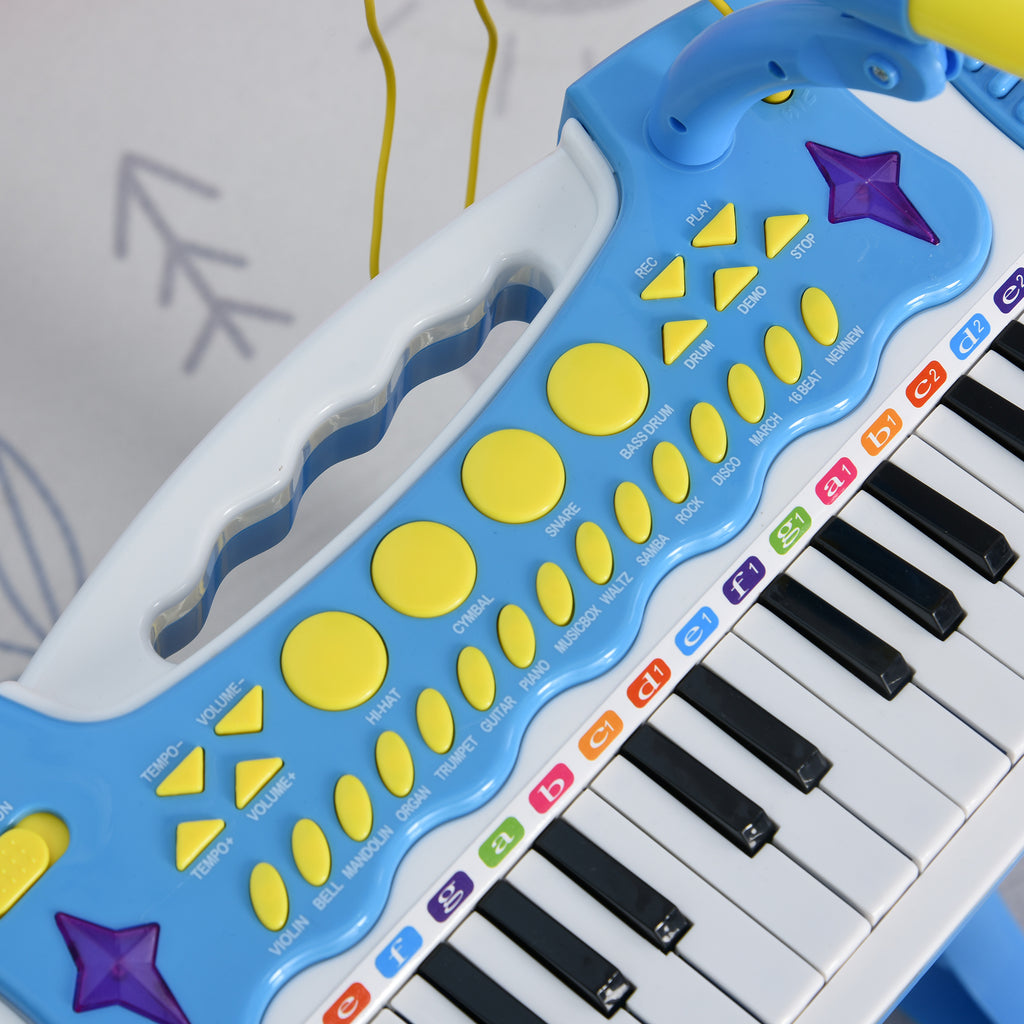 31-Key Kids Toy Keyboard Piano, Electronic Musical Instrument with Multiple Sounds, Stool, Microphone and Bright Flashing Lights, Blue