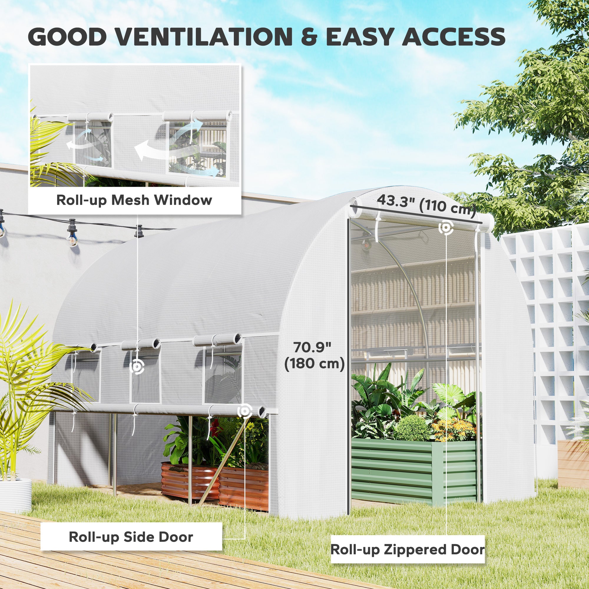 9.7' x 6.5' x 6.5' Walk-in Tunnel Greenhouse, Outdoor Green House with Anti-Tear PE Cover, Zipper Doors and Mesh Windows, White