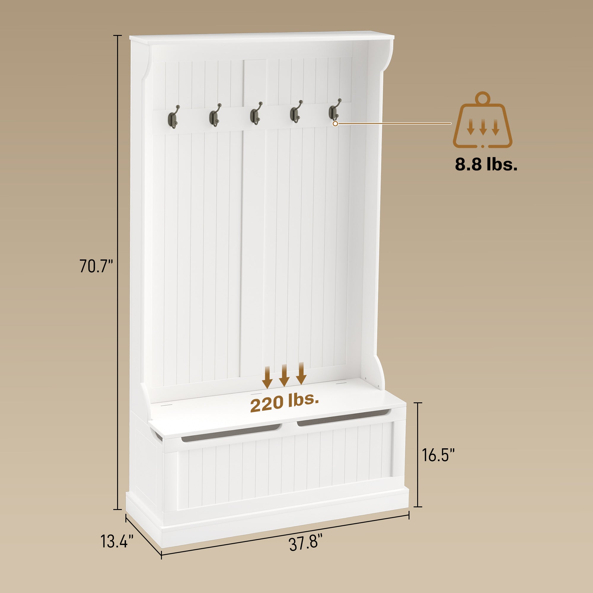3-In-1 Entryway Bench with Coat Rack, Hall Tree with Bench and Shoe Storage, 5 Hooks for Hallway Cream White