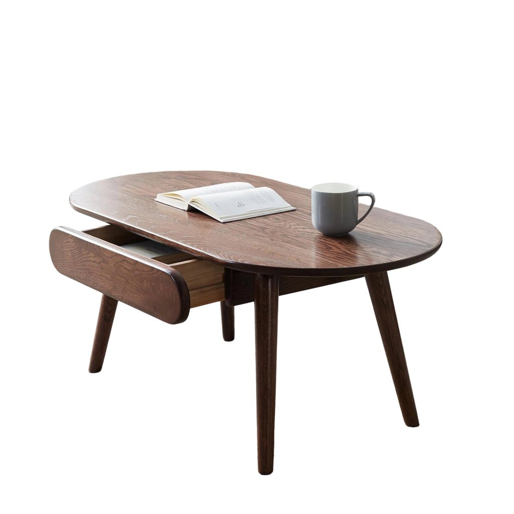 Compact Coffee Table with Storage Drawers and Rounded Edges, Sturdy Center Table with Handle-Free Design, 39.5″ L x 22″ W x 16.5″ H, Oak