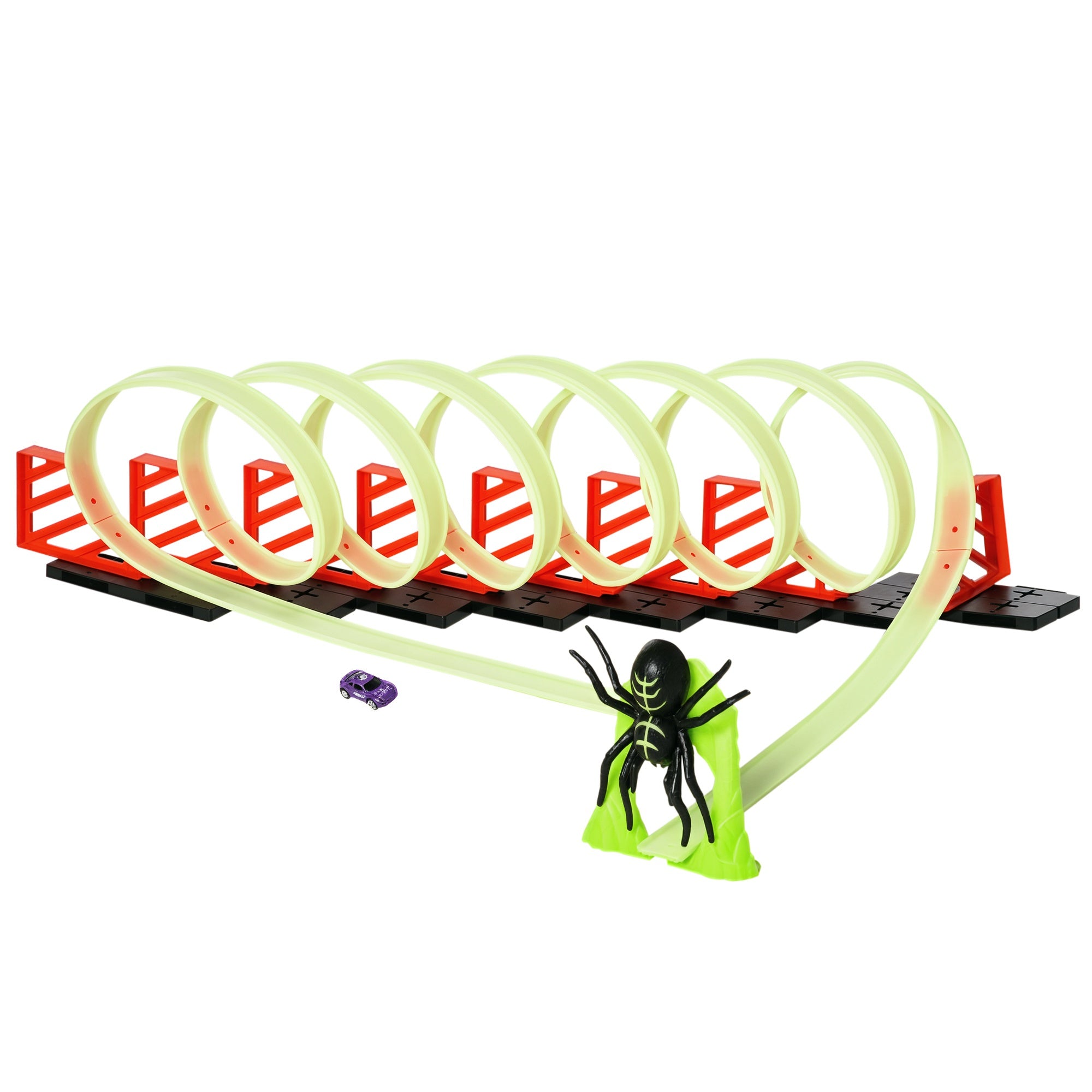 Track Builder Loop Kit Criss-Cross Glowing Race Track Toy Set Spooky Spider Fun Starter Kit, for Kids 3-6, Lime Green