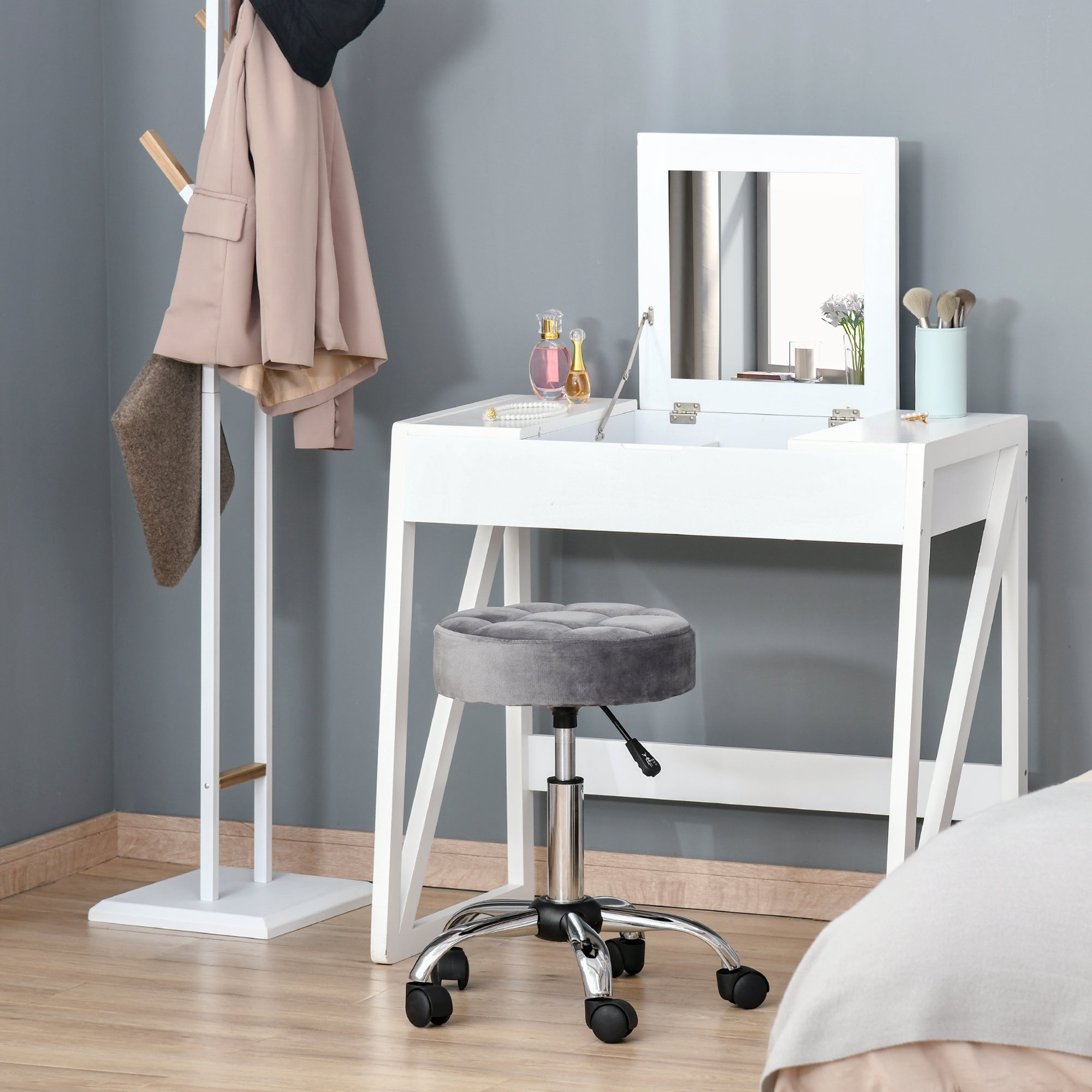 Round Rolling Stool, Height Adjustable Vanity Chair, Upholstery Office Chair with Swivel Seat and Wheels, Grey