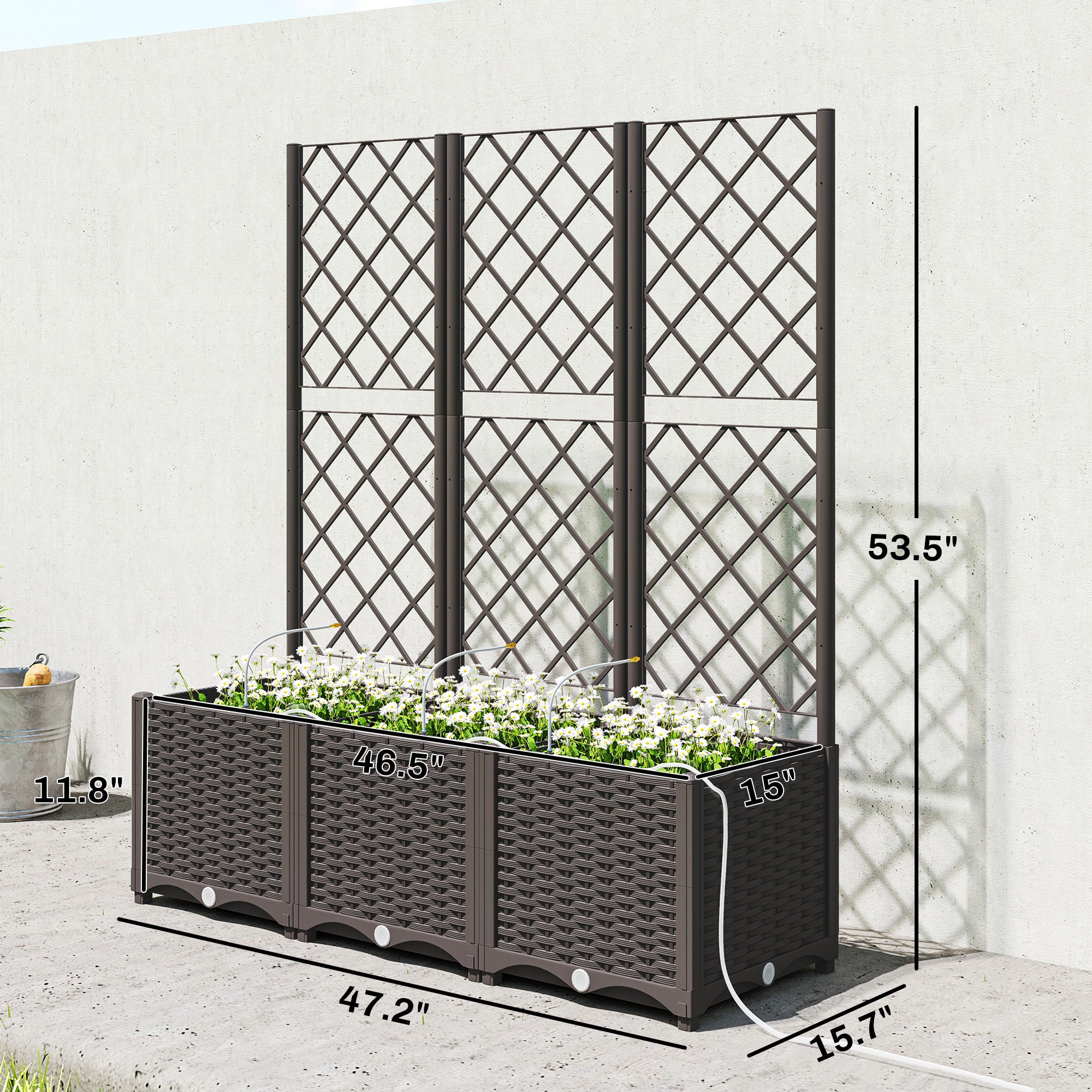 3PCS Plastic Planter Box with Trellis, Self-Watering Raised Garden Bed with Trellis and Automatic Watering Timer Kit