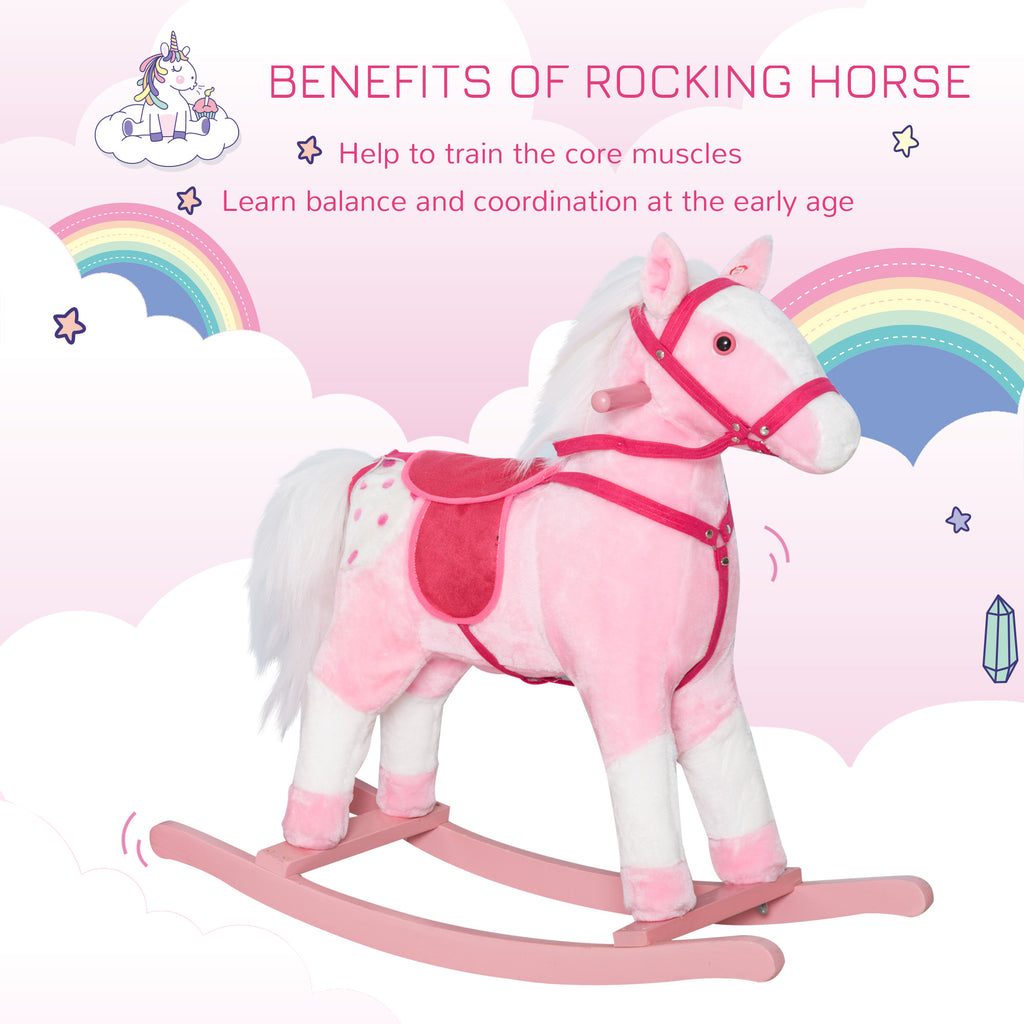 Kids Plush Toy Rocking Horse Pony Toddler Ride on Animal Rocker with Realistic Sounds, Birthday Gifts for Girls, Pink
