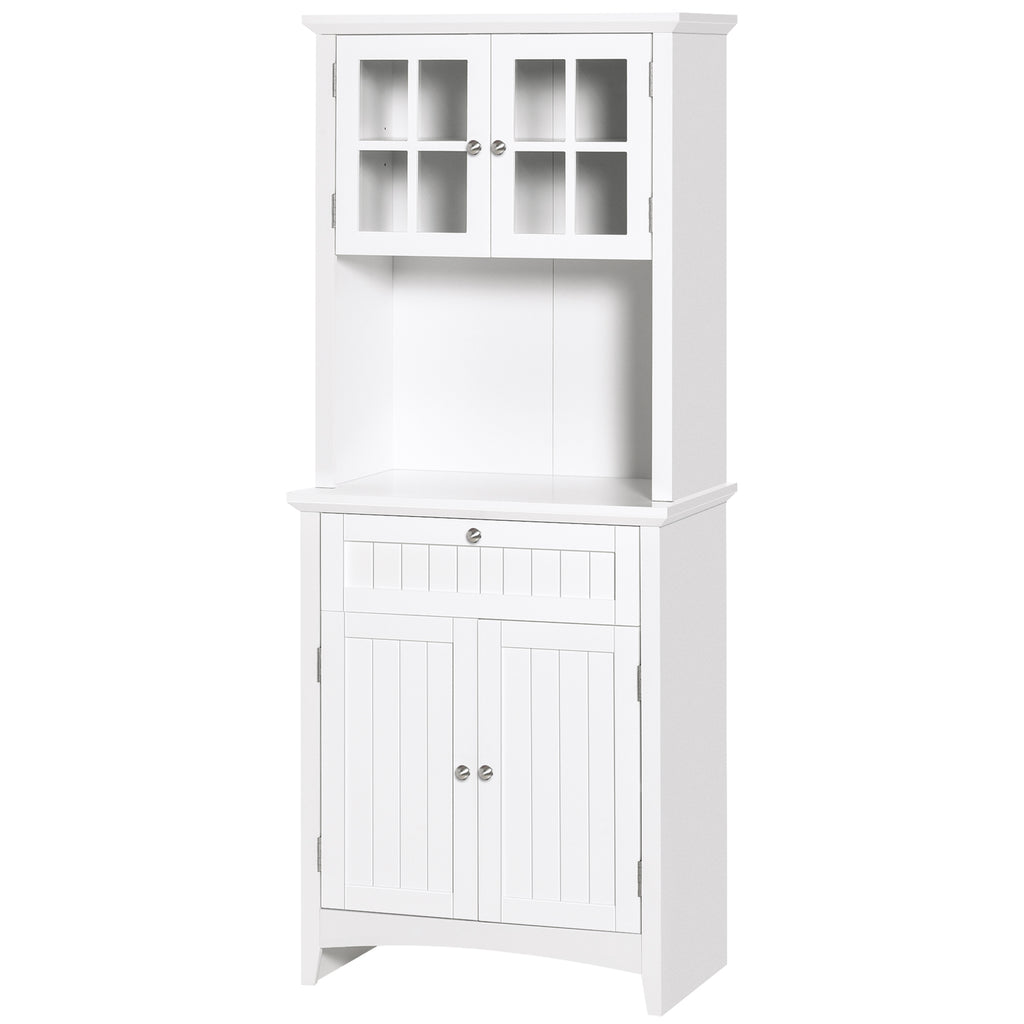 Kitchen Buffet Hutch Cabinet, Freestanding Kitchen Pantry Storage Cabinet Cupboard with Framed Glass Door, Drawer and Microwave Space, White