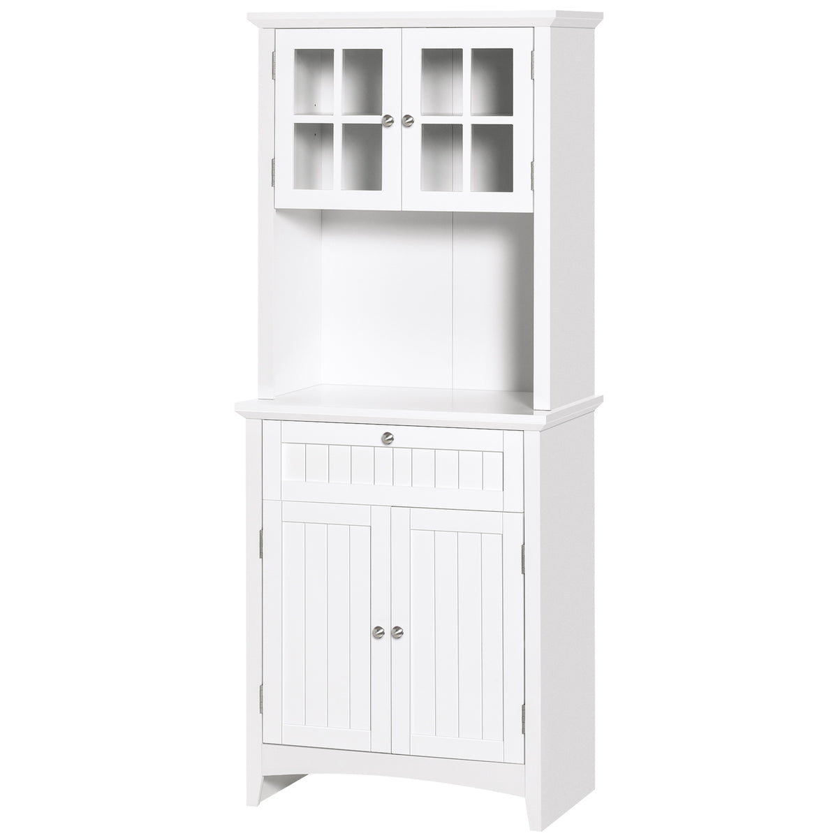 Kitchen Buffet Hutch Cabinet, Freestanding Kitchen Pantry Storage Cabinet Cupboard with Framed Glass Door, Drawer and Microwave Space, White
