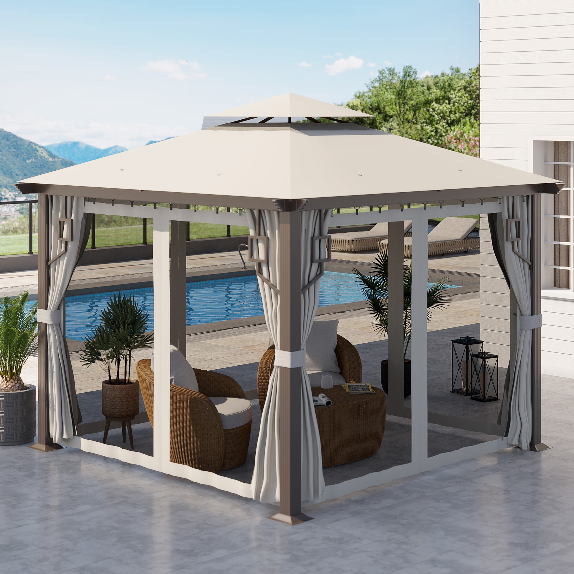 10' x 10' Patio Gazebo, Double Roof Outdoor Gazebo with Privacy Curtains, Mesh Netting, Aluminum Frame Outdoor Canopy Shelter, Cream White