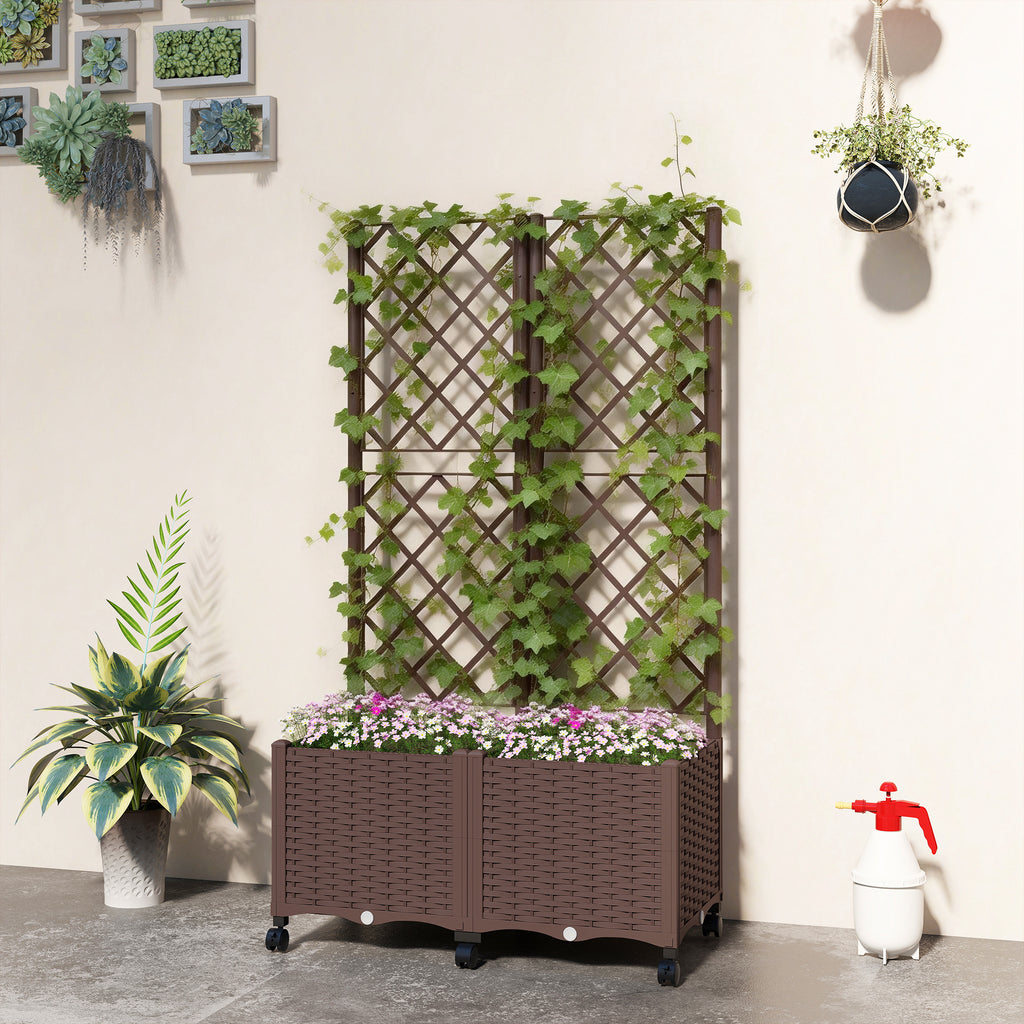 Planter Box with Trellis, Self Watering Raised Garden Bed with Lockable Wheels and Drainage Holes, Brown