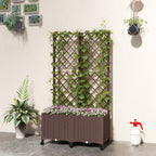Planter Box with Trellis, Self Watering Raised Garden Bed with Lockable Wheels and Drainage Holes, Brown
