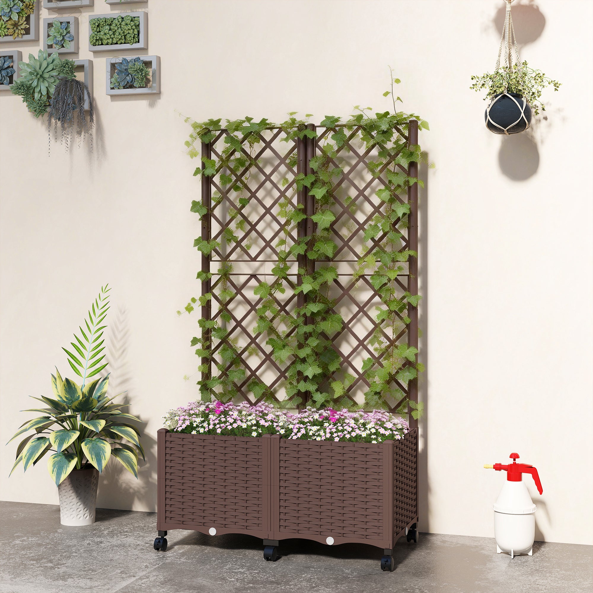 Planter Box with Trellis, Self Watering Raised Garden Bed with Lockable Wheels and Drainage Holes, Brown