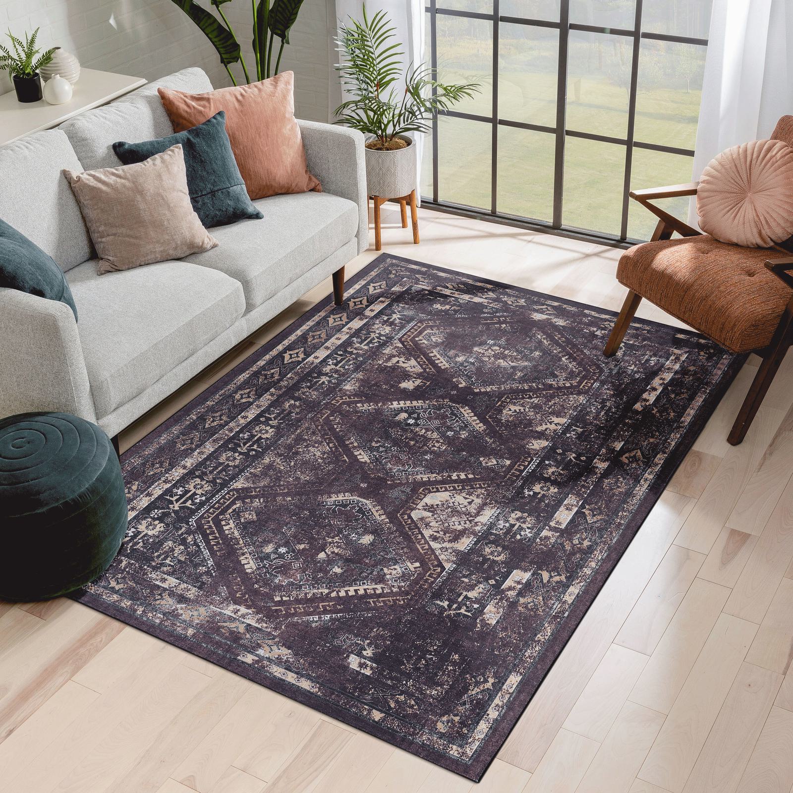 3x5 Washable Low-Pile Non-Slip Non-Shedding Area Rug, Kid and Pet Friendly, Foldable for Living Room, Bedroom, Dining Room, Black+Burgundy