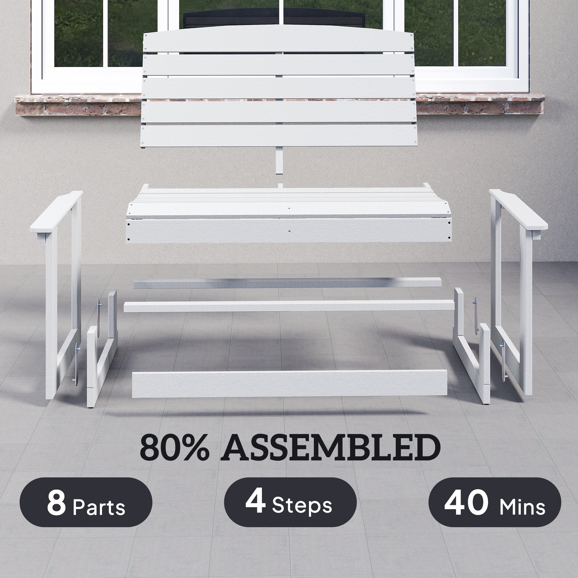 Patio Glider Bench w/ HDPE Slatted Double Rocking Chair, Distressed White