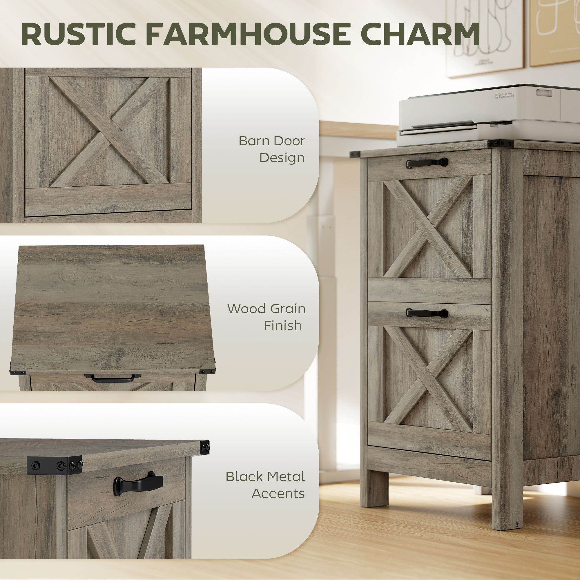 Vertical File Cabinet with 2 Drawers, Rustic Farmhouse Office Storage Cabinet for A4, Letter Size, Distressed Gray
