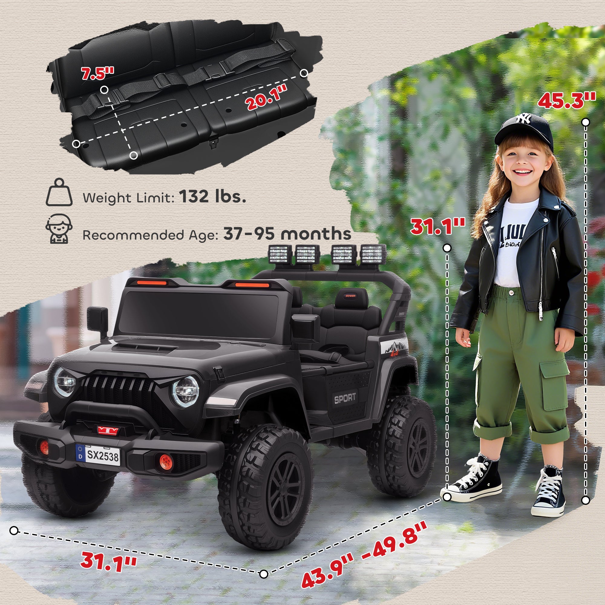 Ride on Truck Car with 2-Seater, 24V Electric Car with 4 Motors, Remote Control, Spring Suspension for 3-8 Years, Black