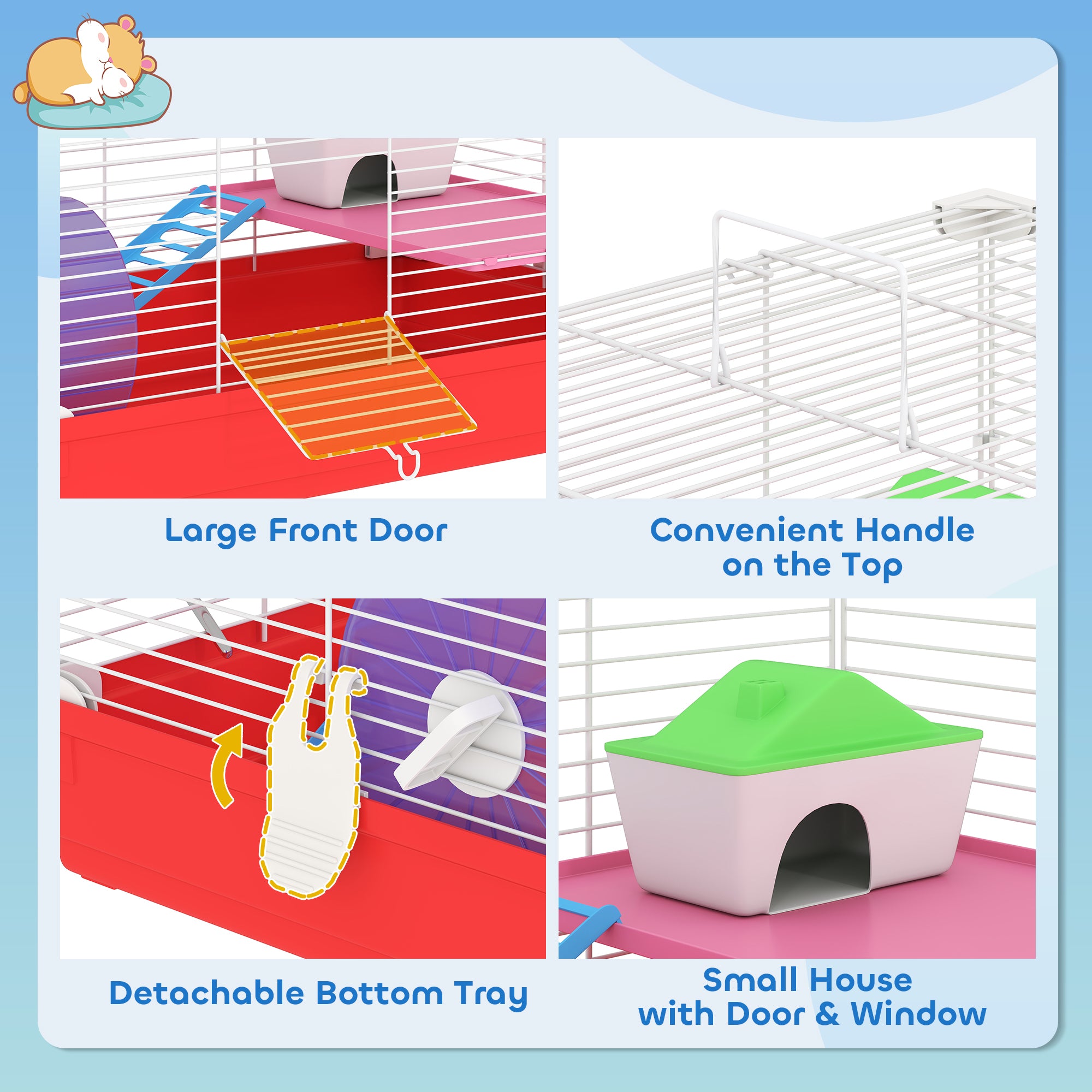 18.5" Hamster Cage with Exercise Wheel and Water Bottle, Dish, Rat House and Habitat 2-Story Design, Red