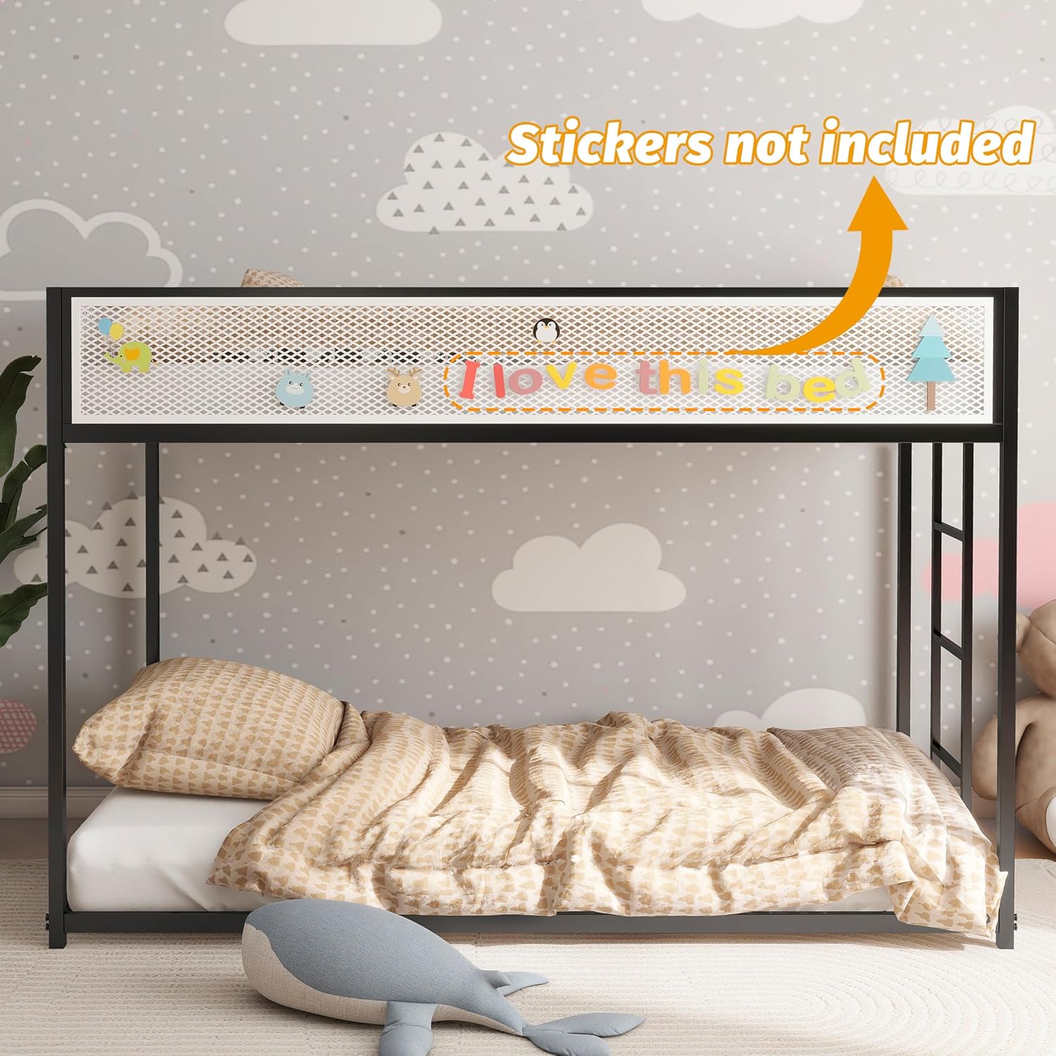 Twin Over Full Bunk Metal Bed Frame with Mesh Guard Rail, Adjustable Ladder, and Noise-Reducing EVA Pad, for Kids Bedrooms, Black