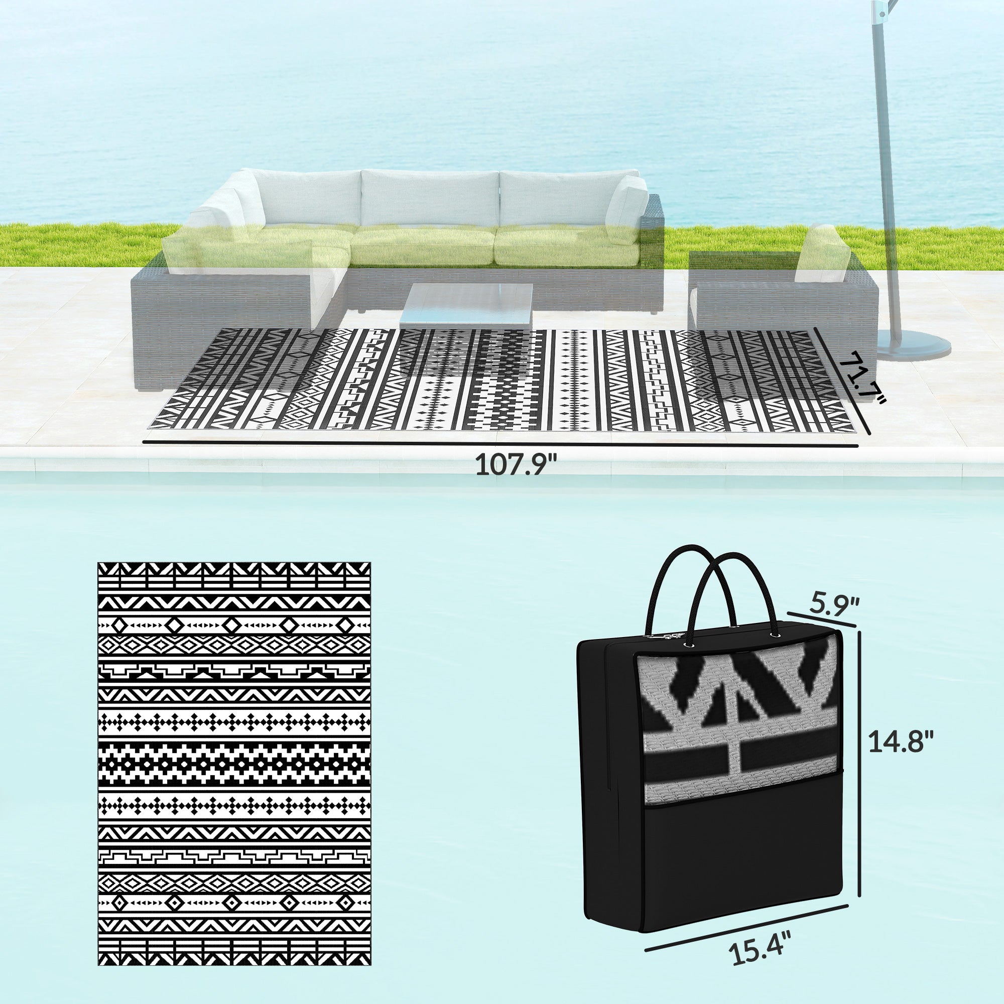 Reversible Outdoor Rug, Waterproof Plastic Straw with Carry Bag, 6' x 9', Black & White Geometric Wall
