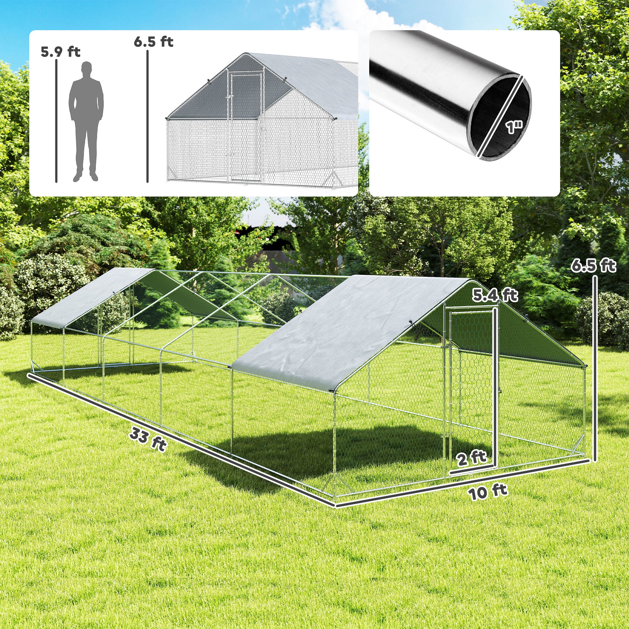 Large Chicken Coop with Waterproof and Anti-UV Cover, Spire Shaped for Outdoor and Yard Farm Use, 33' x 10' x 6.4'