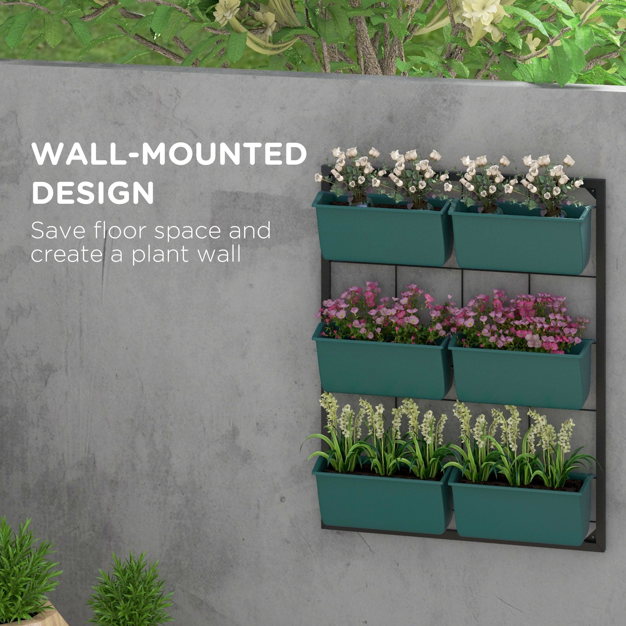 3-Tier Hanging Planter with 6 Pots for Indoor and Outdoor Use, Wall Planter, Self Draining & Wall Mounted, Green