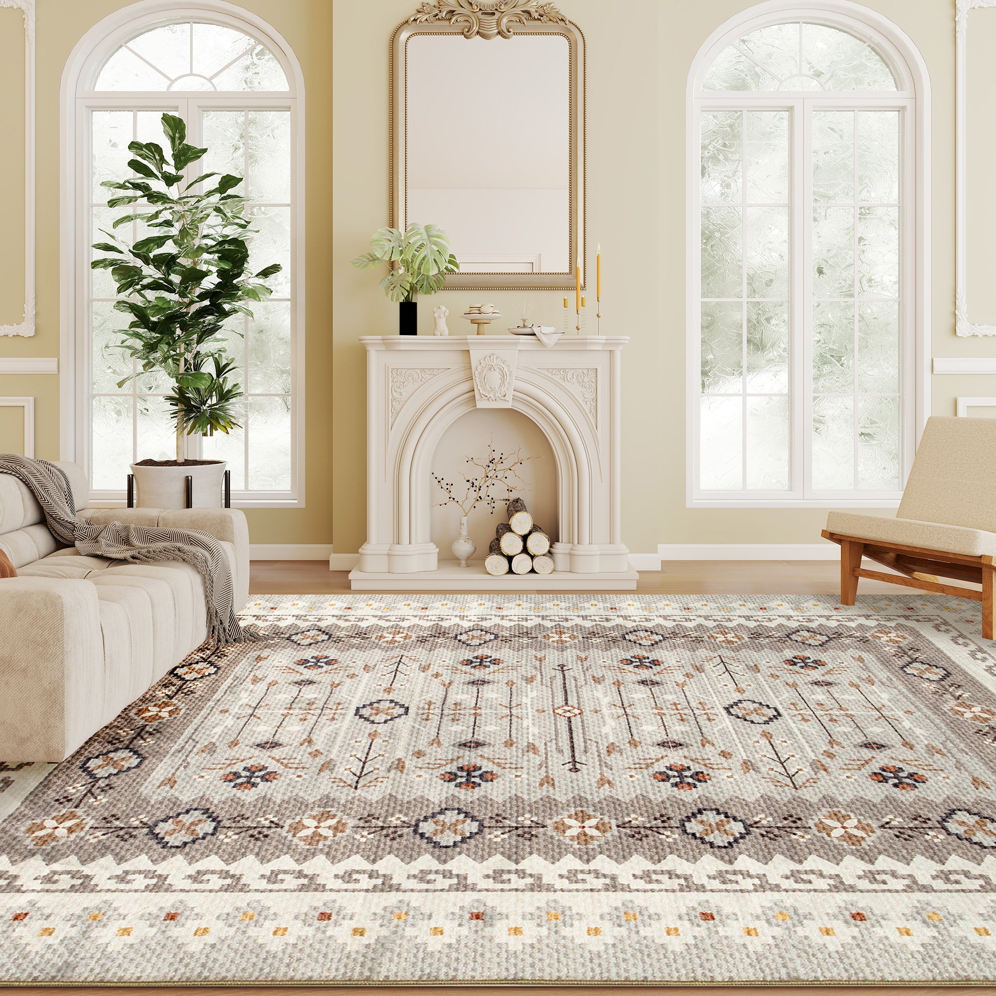 Machine Washable Area Rug 4x6, Non-Slip Boho Flannel Print Floor Carpet for Living Room, Bedroom, Dining Room, Brown