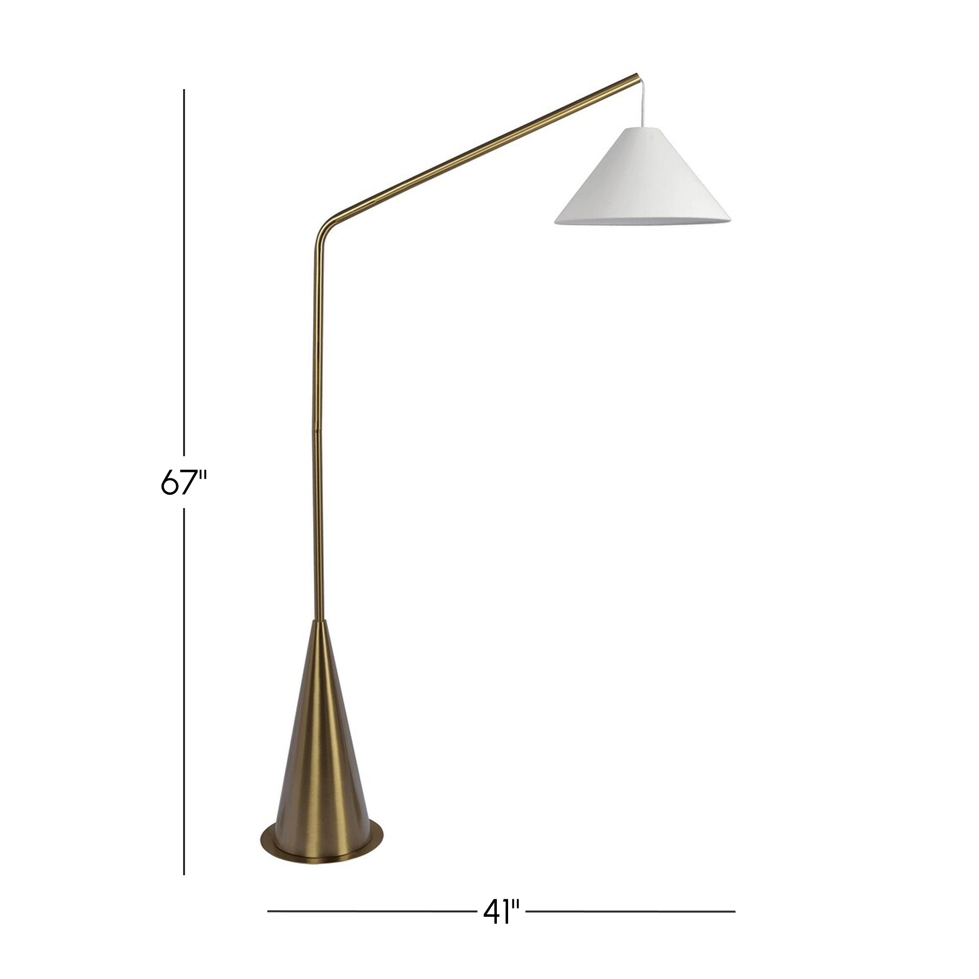 Lisbon Floor Lamp with On/Off Switch, Coned Base, Hanging White Fabric Shade, 41" L x 15" W x 67" H, Antique Brass+White