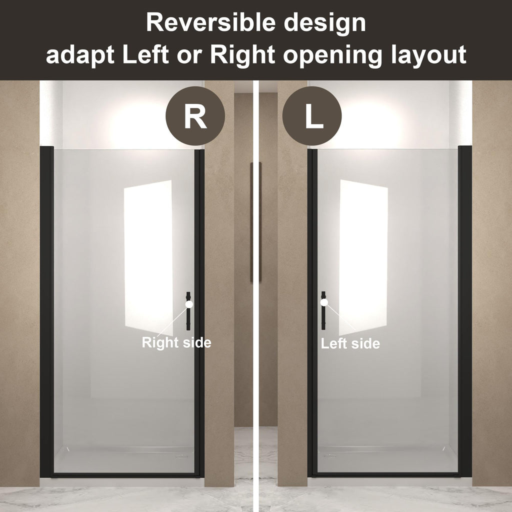 28" Pivot Shower Door with Safety Film and Raised Water-Blocking Strip, Tempered Glass with Stainless Steel Handle, 28" L x 0.5" W x 72" H, Matte Black