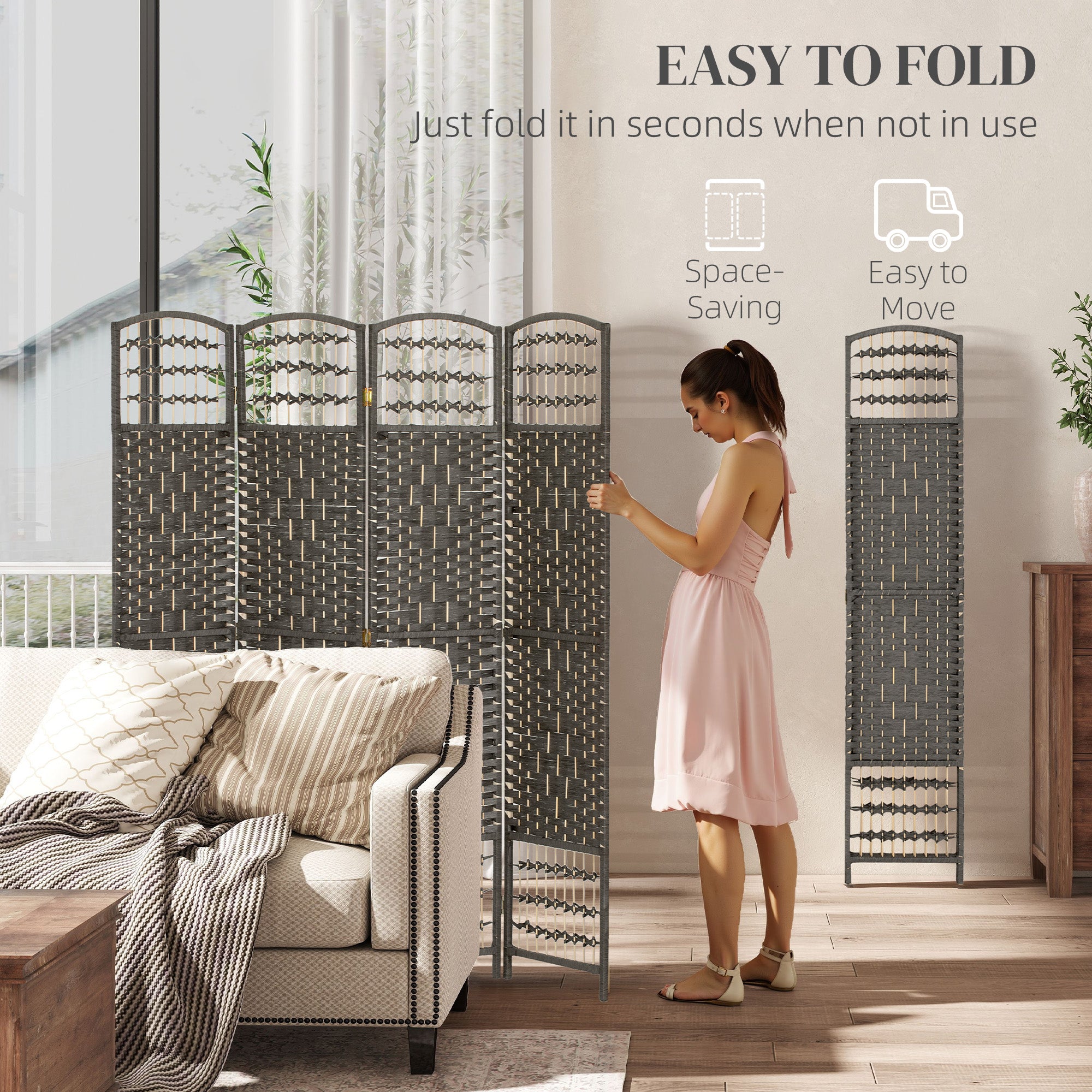 4 Panel Room Divider, Folding Screen, 5.6', Dark Gray