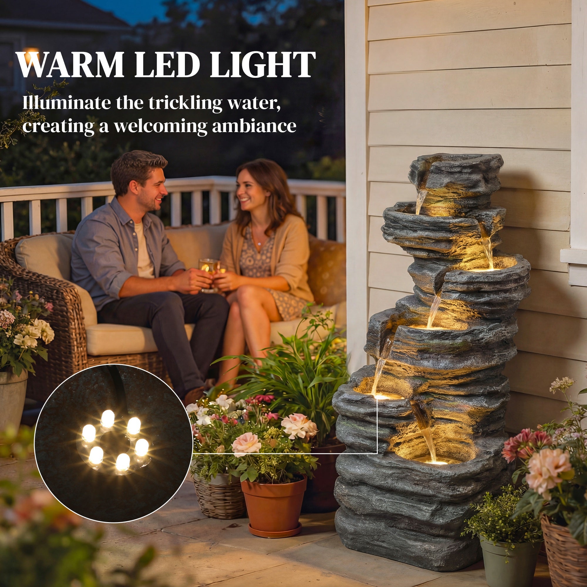 40" Tall Outdoor Waterfall Fountain with LED Lights, 6-Tier Cascading Waterfall Feature, Resin Garden Fountain, Gray