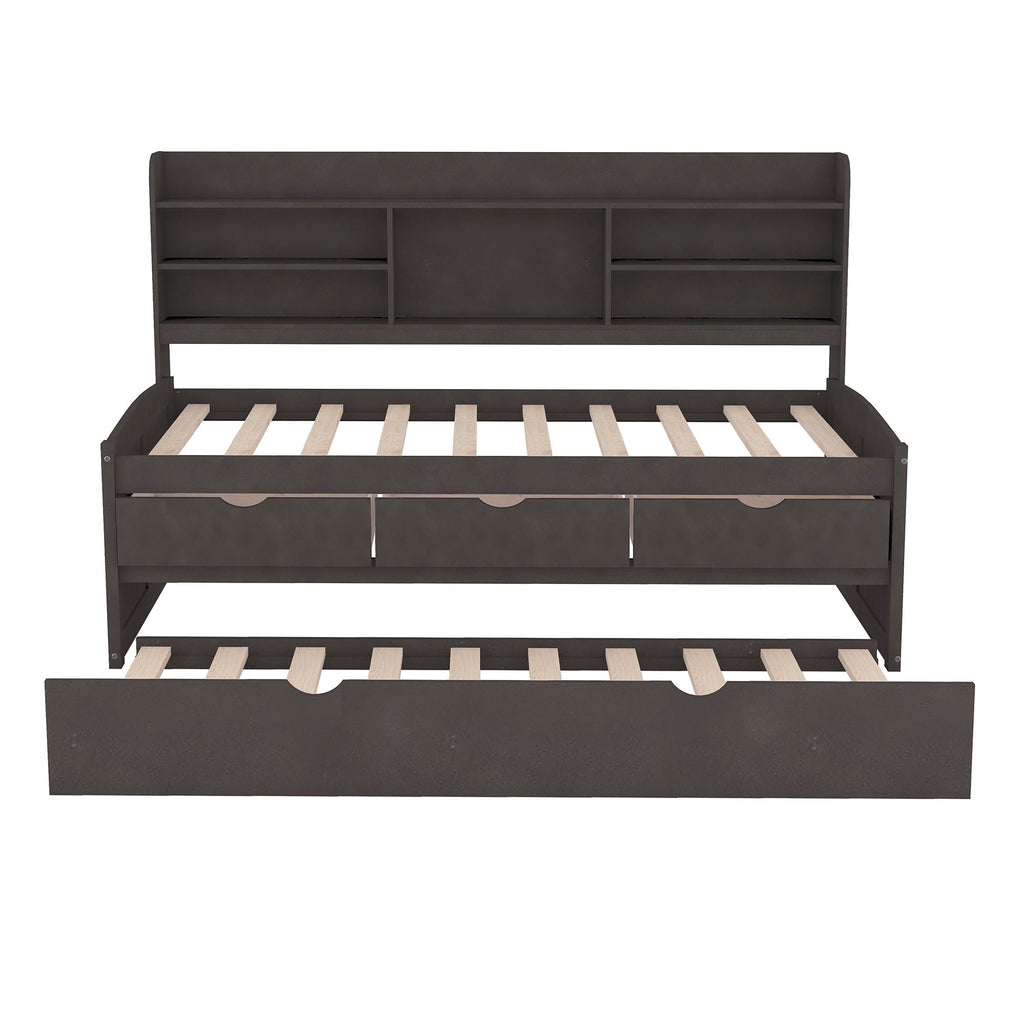 Classic Style Twin Size Wooden Captain Bed with Built-in Bookshelves, 3 Storage Drawers, and Trundle, 77.5" L x 88" W x 47" H, Antique Gray