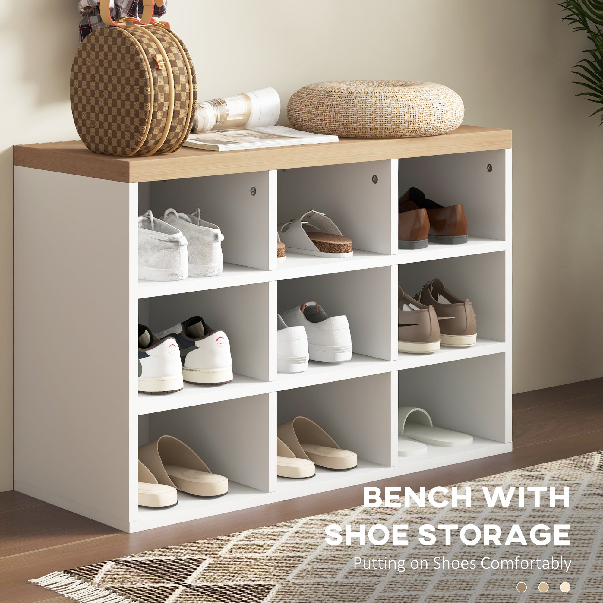 2-in-1 Coat Rack Shoe Bench Set, 5-Hook Hall Tree with Bench and Shoe Storage for 9 Pairs of Shoes for Entryway, Hallway, White