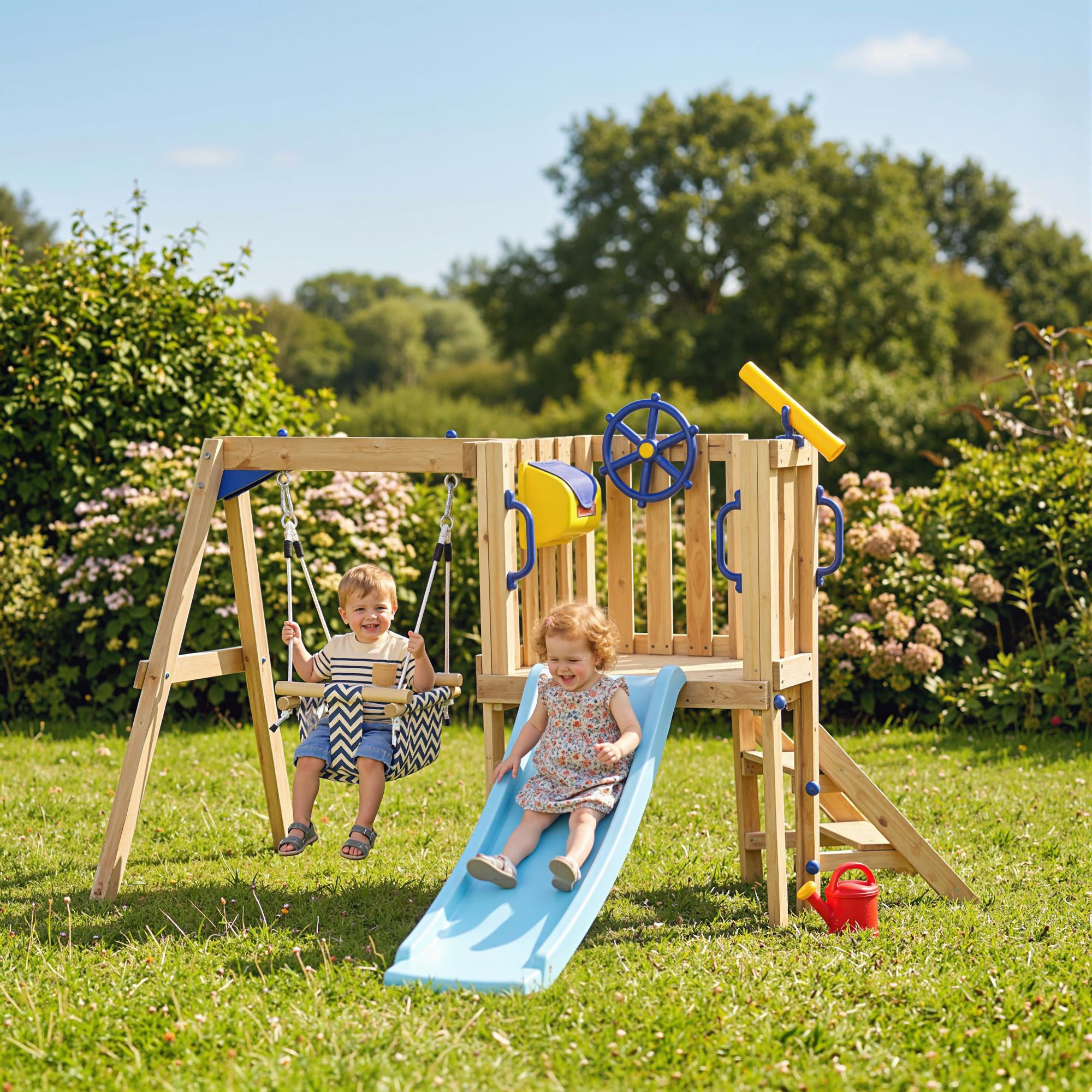 Swing Set for Backyard, Wooden Toddler Outdoor Playset with Baby Swing Seat, Kids Slide, Fort, Playground Equipment with Captain's Wheel, Telescope for Ages 1.5-4, Natural