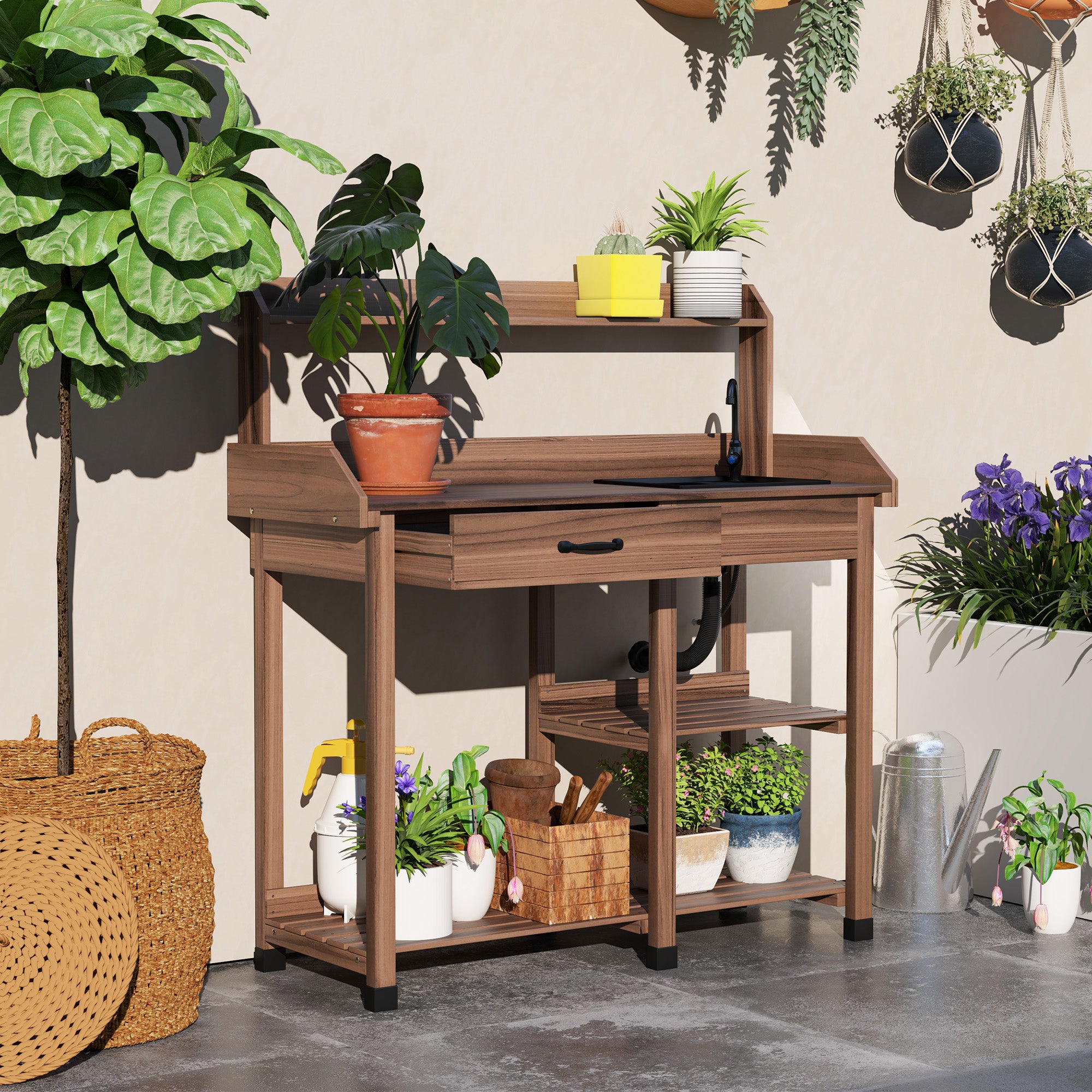 Potting Bench Table, Outdoor Garden Table Wooden Work Station with Removable Sink, Faucet, Drawer, Shelves, Hooks, Dark Brown