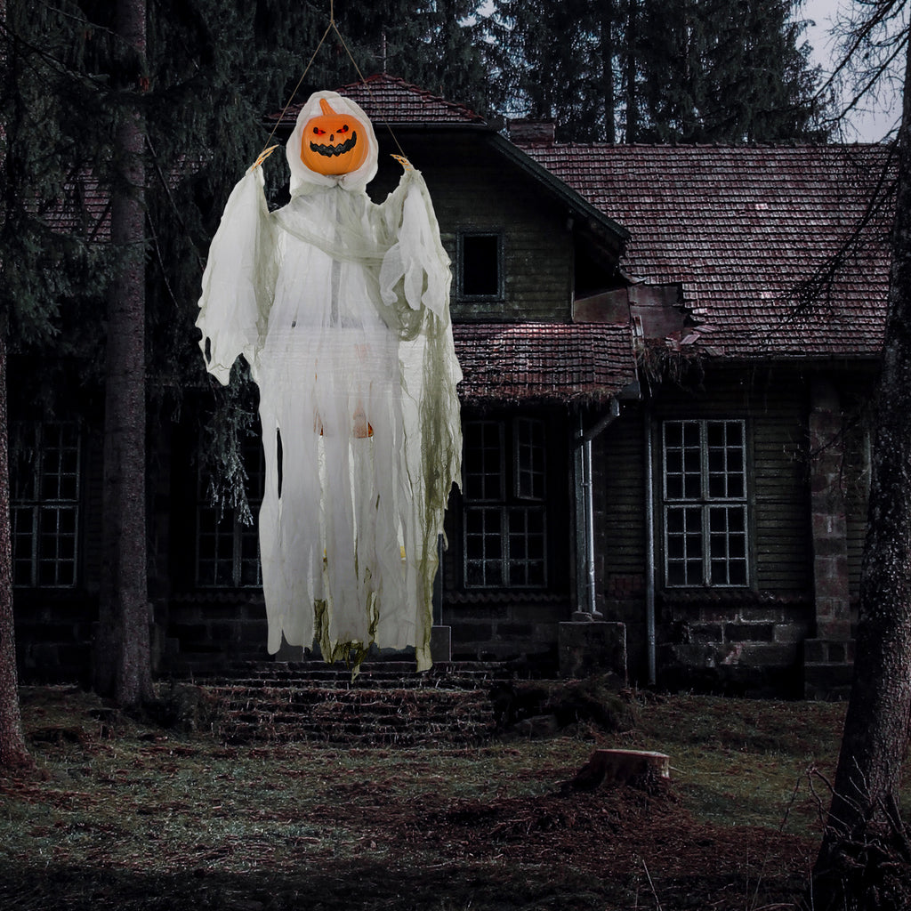 3.9' Outdoor Halloween Hanging Pumpkin Ghost w/ Light Up Eyes, Sound Activated Prop w/ Creepy Howling Sounds