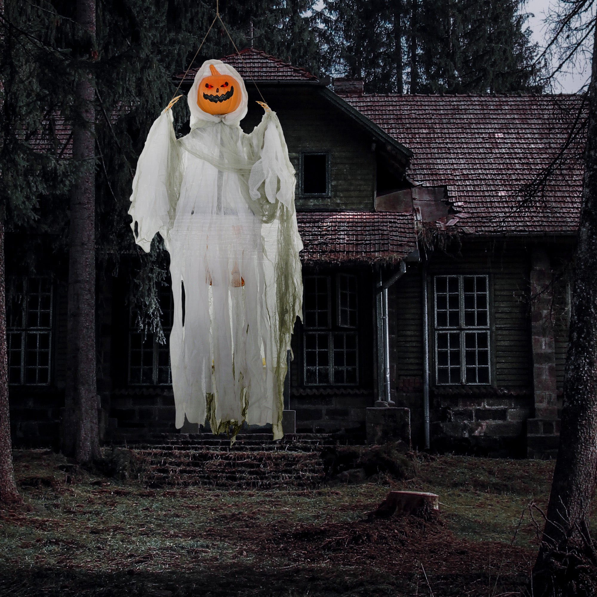 3.9' Outdoor Halloween Hanging Pumpkin Ghost w/ Light Up Eyes, Sound Activated Prop w/ Creepy Howling Sounds
