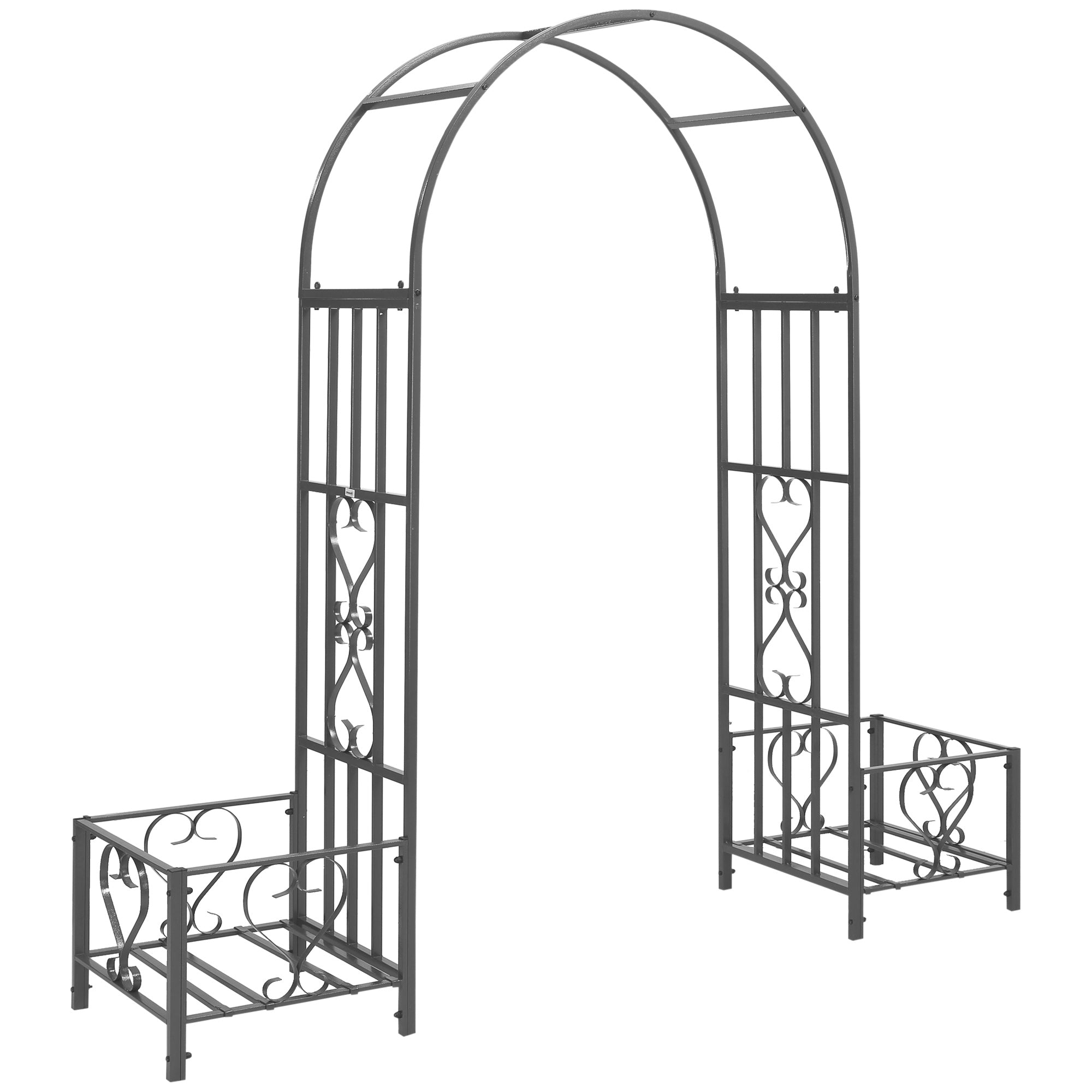 6.7' Steel Garden Arch Arbor with Scrollwork Hearts, Planter Boxes for Climbing Vines, Ceremony, Weddings, Party, Backyard, Lawn, Dark Gray