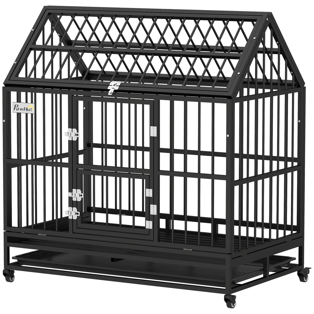 48" Heavy Duty Dog Crate with 4 Lockable Wheels, Double Doors, and Removable Tray, for XL and L Dogs