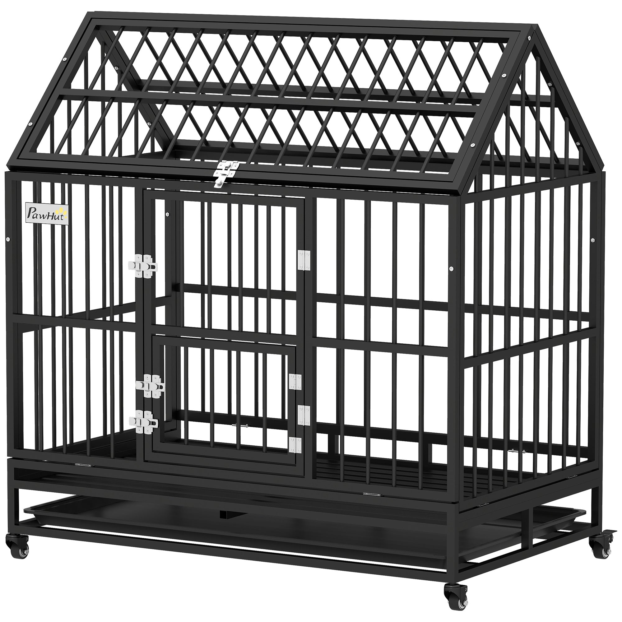 48" Heavy Duty Dog Crate with 4 Lockable Wheels, Double Doors, and Removable Tray, for XL and L Dogs