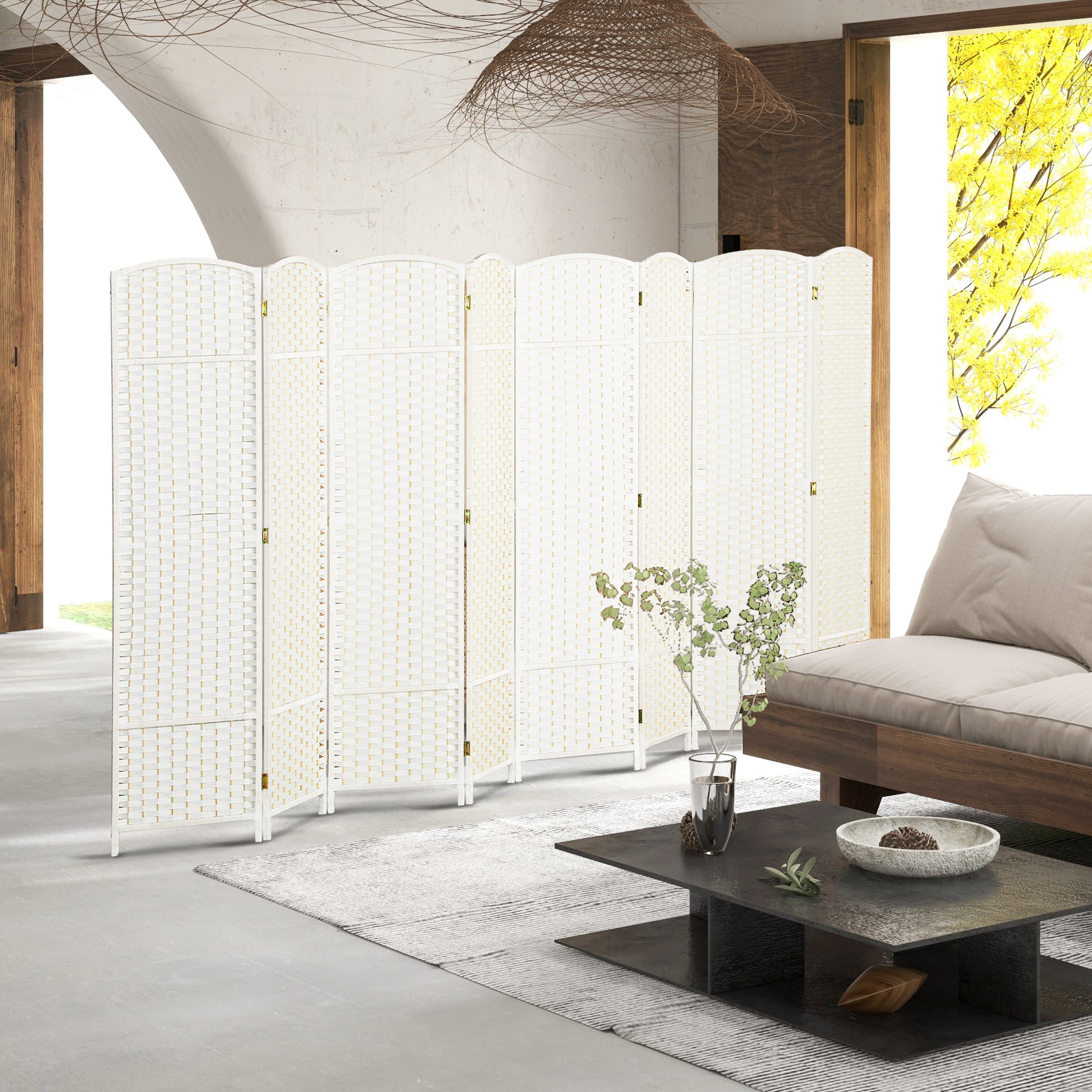 Folding Room Divider Screen 8 Panel 5.6 ' Tall Privacy Screen Freestanding Room Partition for Home Office, White