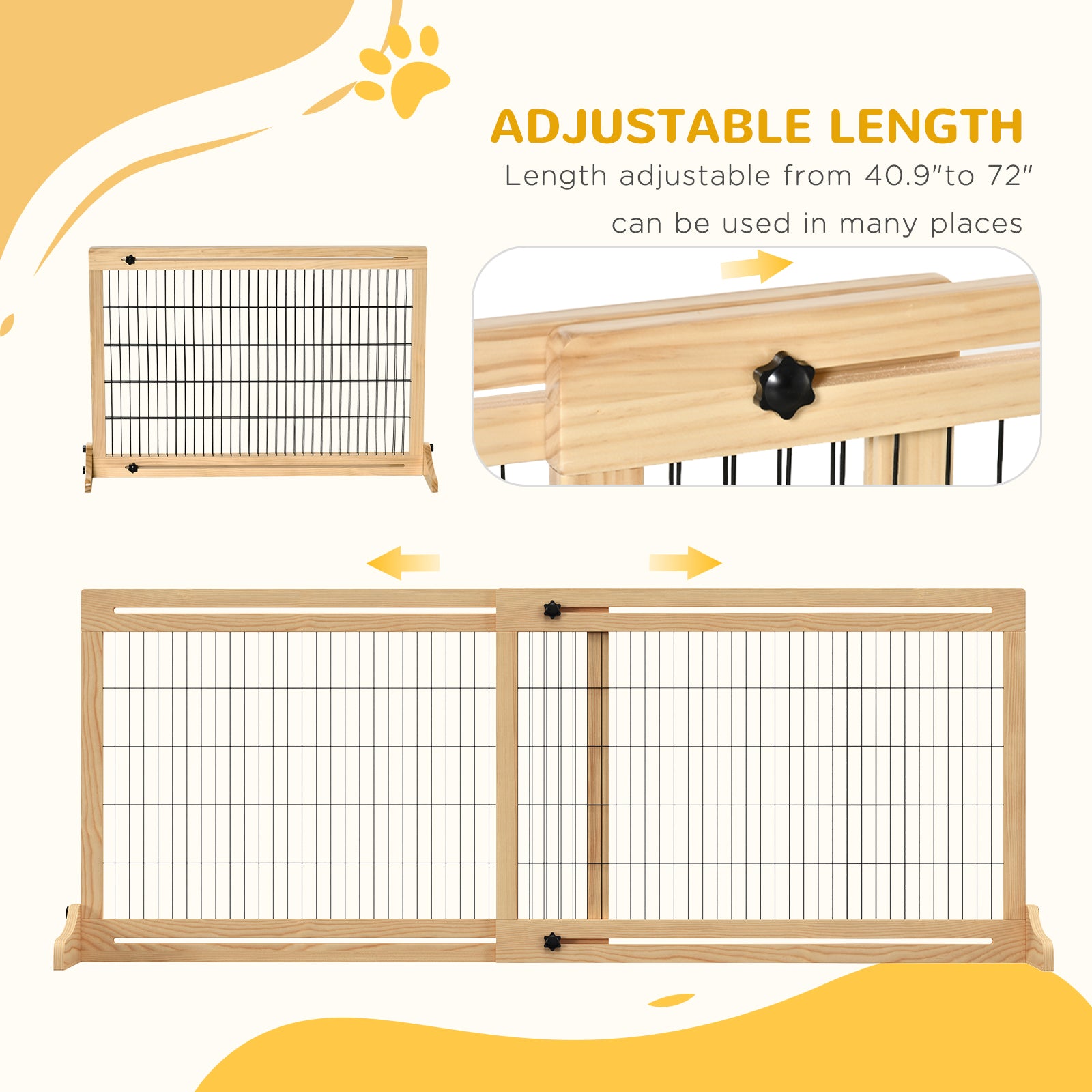 71" W x 27" H Extra Wide Freestanding Pet Gate with Adjustable Length Dog, Cat, Barrier for House, Doorway, Hallway, Natural